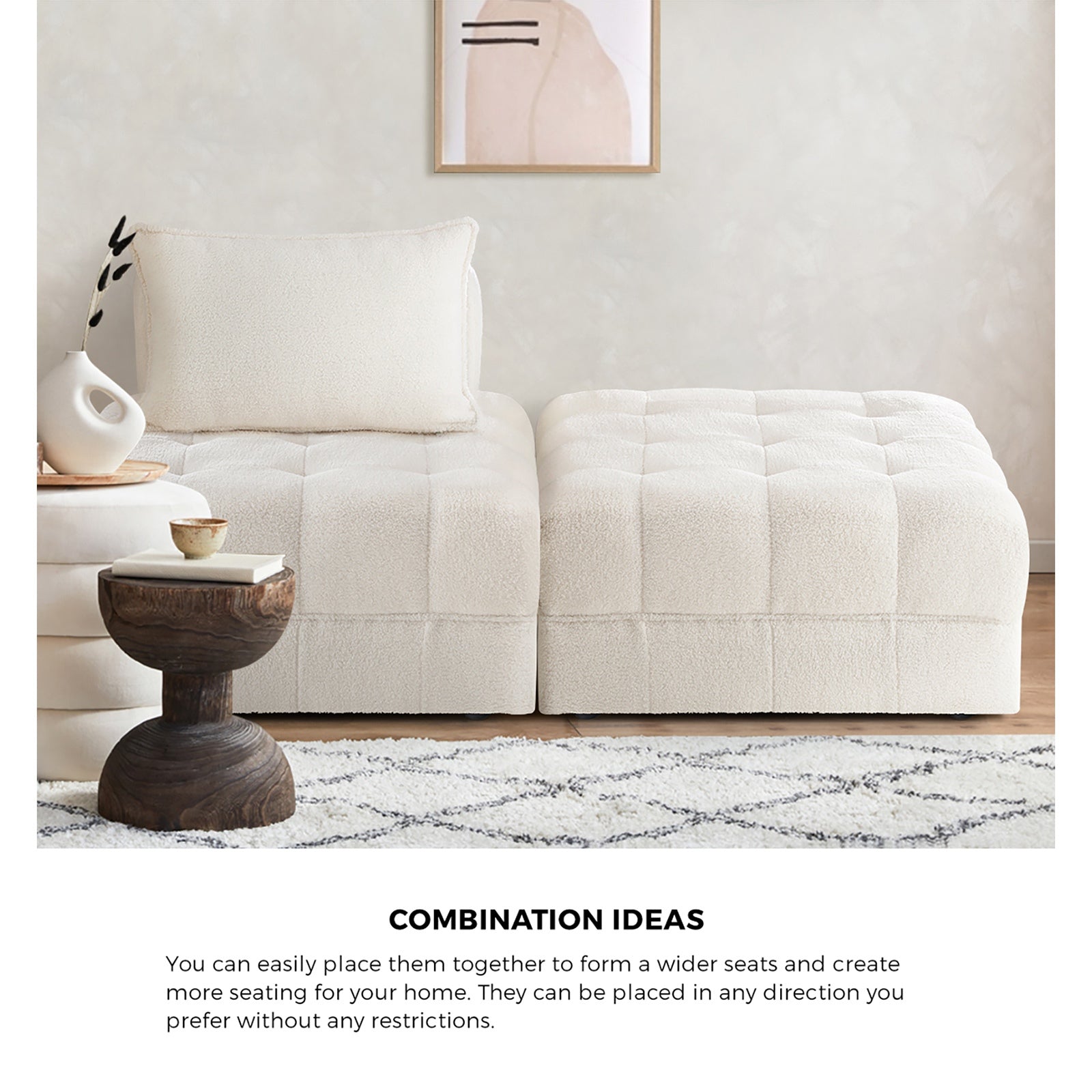 Oikiture 2 Seater Boucle Modular Sofa & Ottoman Set Armless TOFU Back White - Sunyee