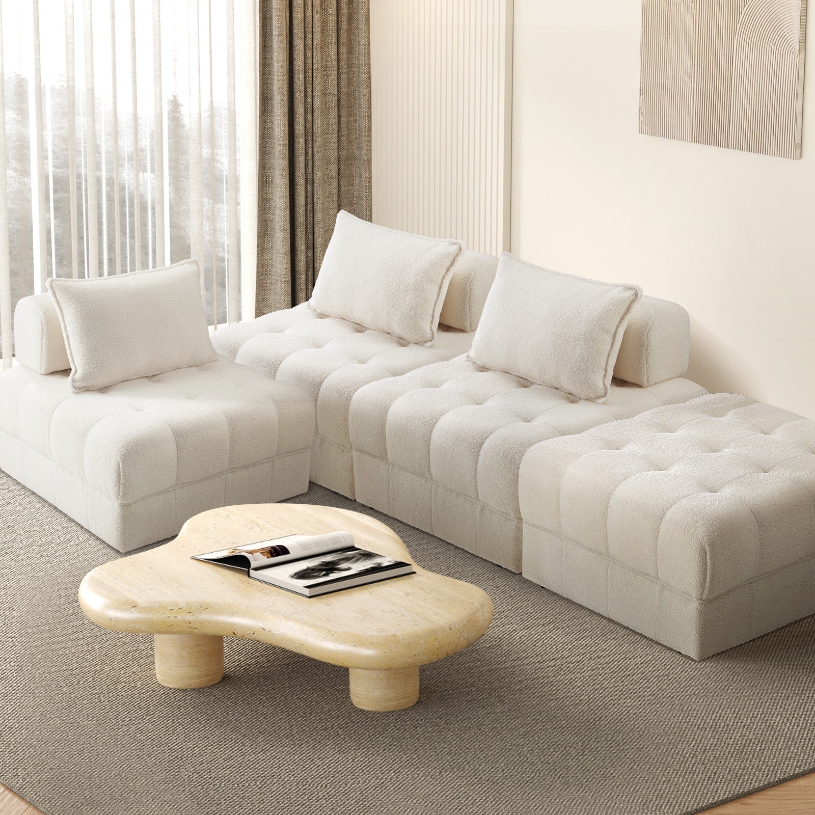 Oikiture 4 Seater Boucle Modular Sofa & Ottoman Set Armless TOFU Back White - Sunyee