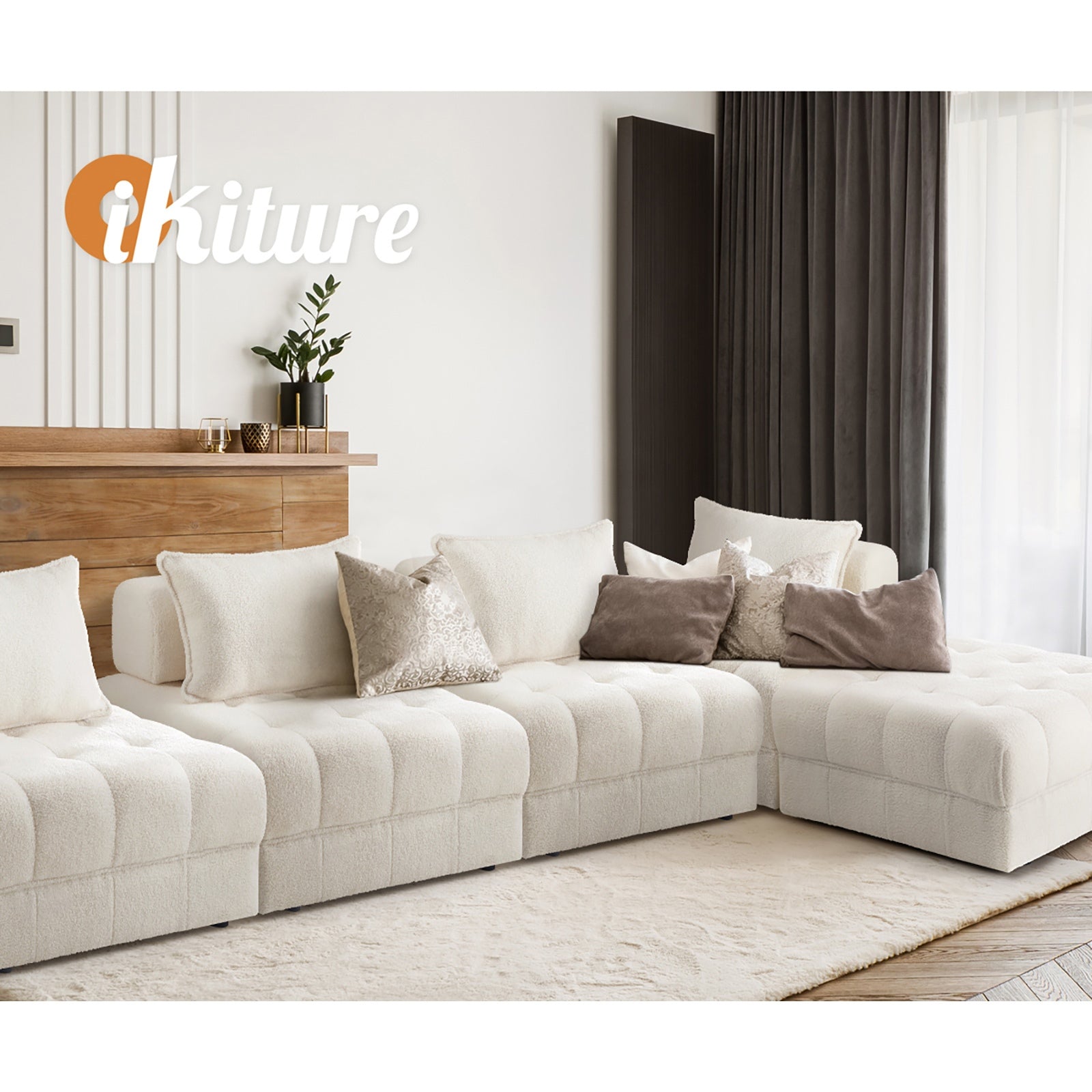 Oikiture 4 Seater Boucle Modular Sofa & Ottoman Set Armless TOFU Back White - Sunyee