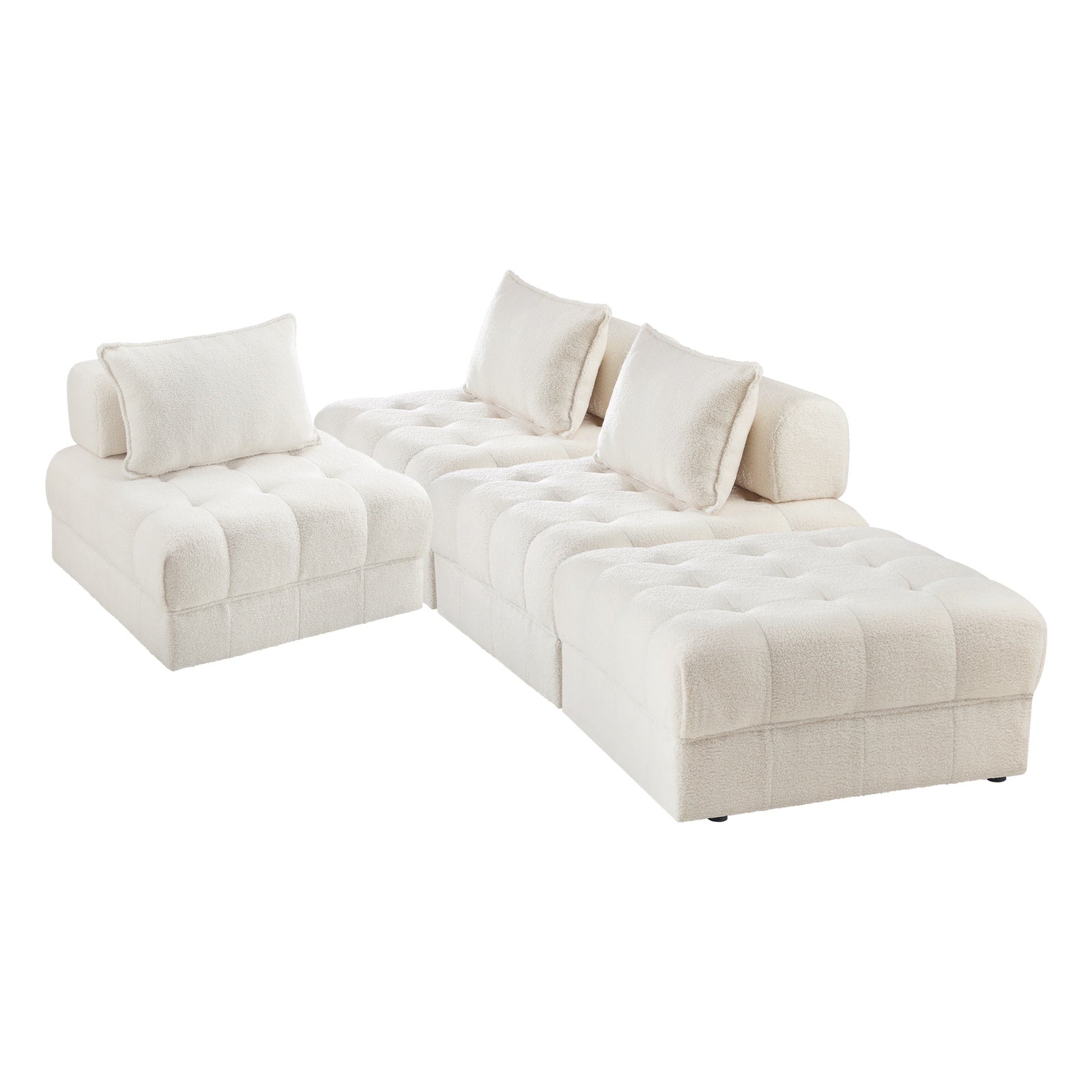 Oikiture 4 Seater Boucle Modular Sofa & Ottoman Set Armless TOFU Back White - Sunyee