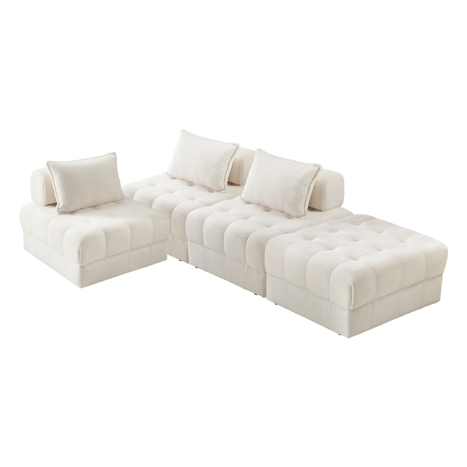 Oikiture 4 Seater Boucle Modular Sofa & Ottoman Set Armless TOFU Back White - Sunyee