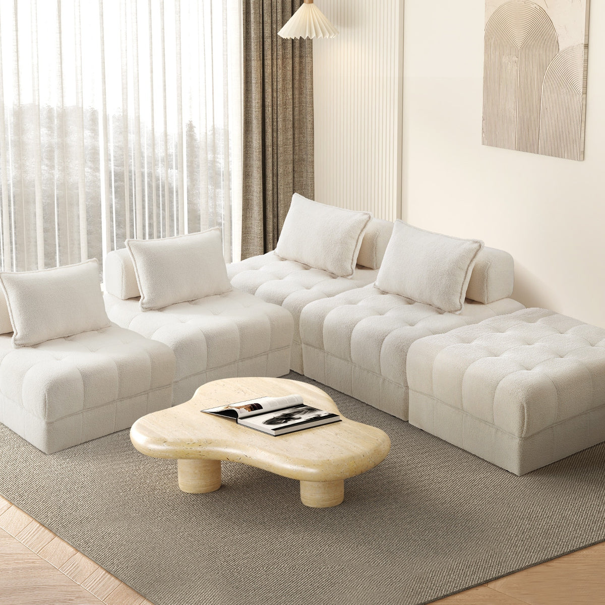 Oikiture 5 Seater Boucle Modular Sofa & Ottoman Set Armless TOFU Back White - Sunyee