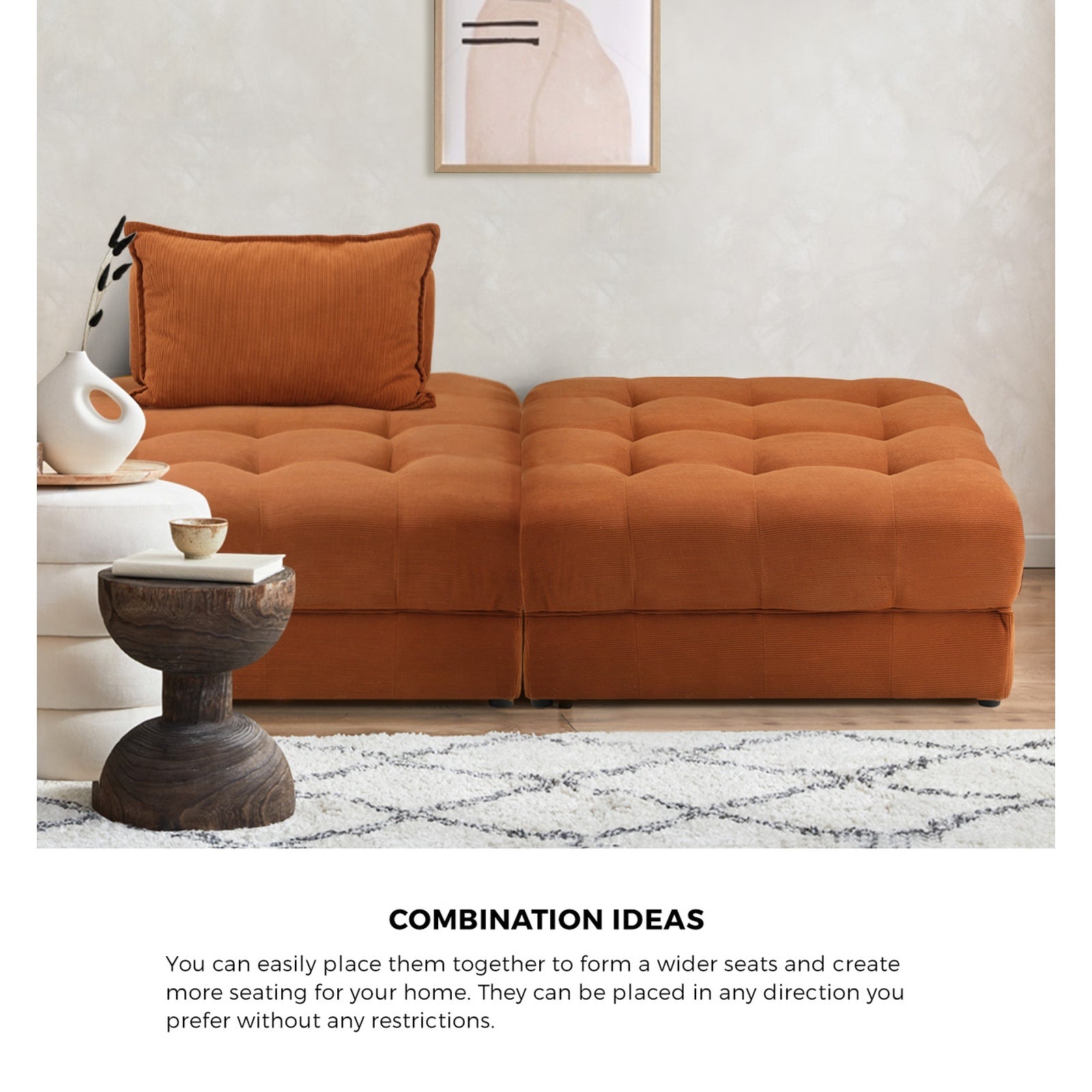 Oikiture 2 Seater Velvet Modular Sofa & Ottoman Set Armless TOFU Back Brown - Sunyee