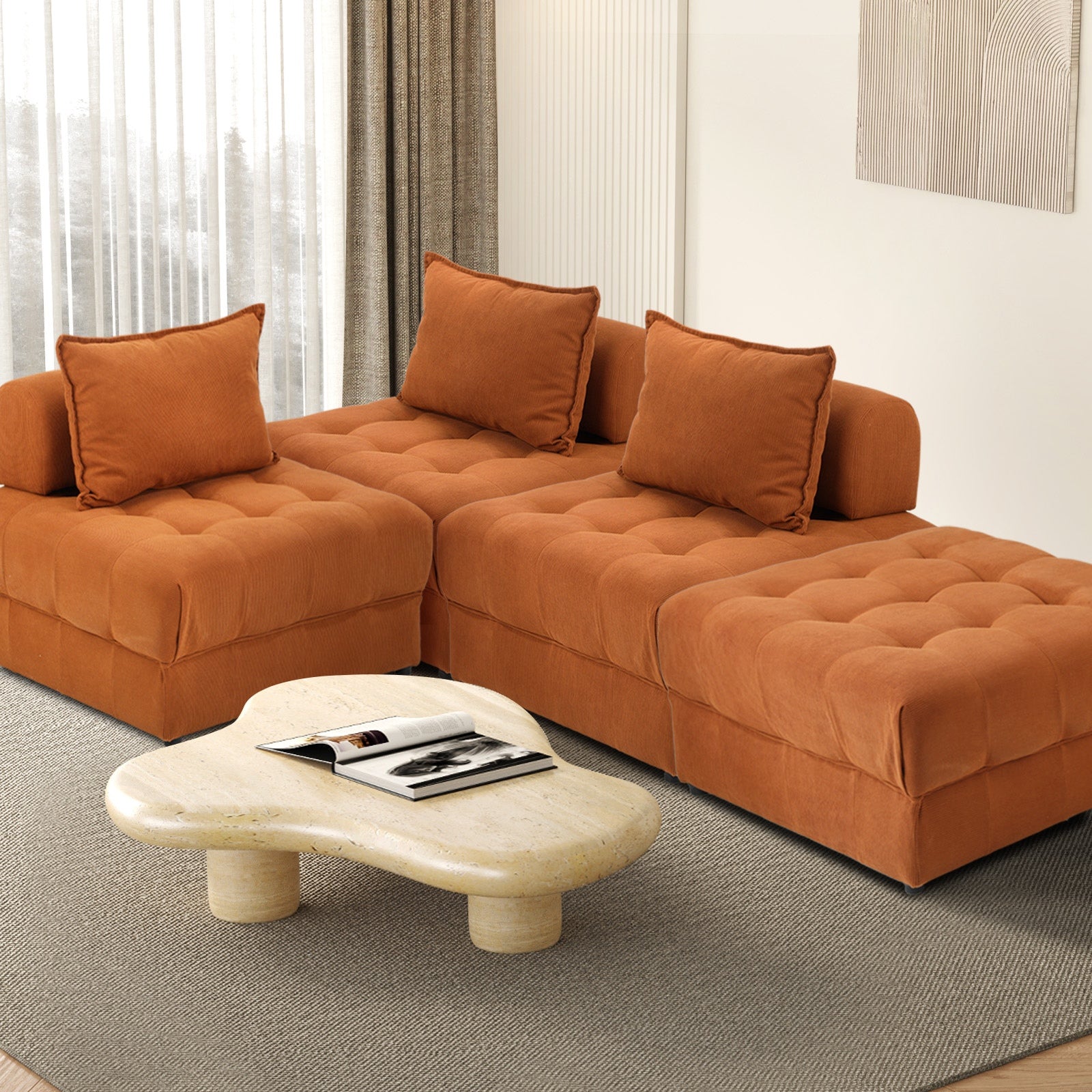 Oikiture 1-6 Seater Boucle/Velvet Modular Sofa & Ottoman Set Armless TOFU Back - Sunyee