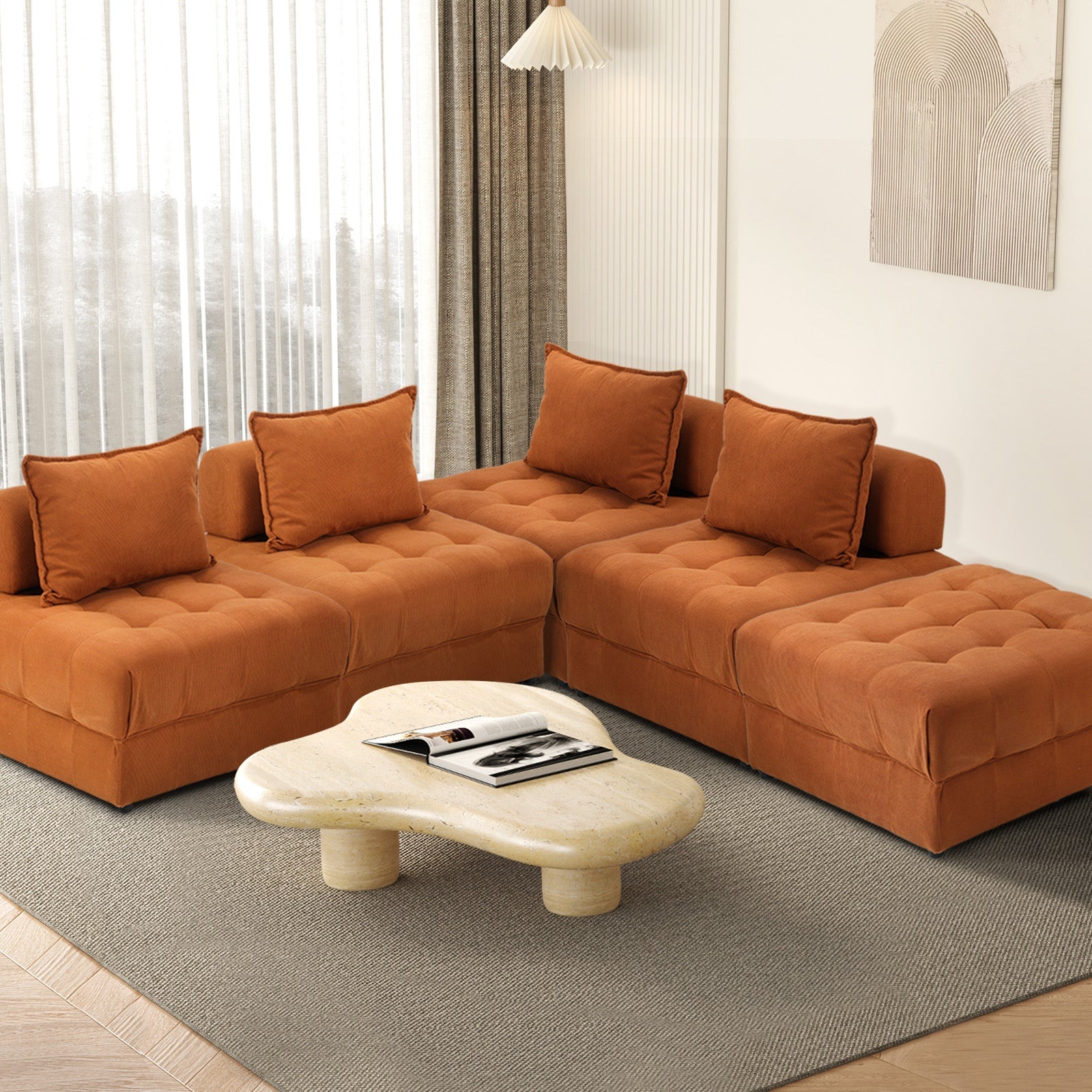 Oikiture 5 Seater Velvet Modular Sofa & Ottoman Set Armless TOFU Back Brown - Sunyee