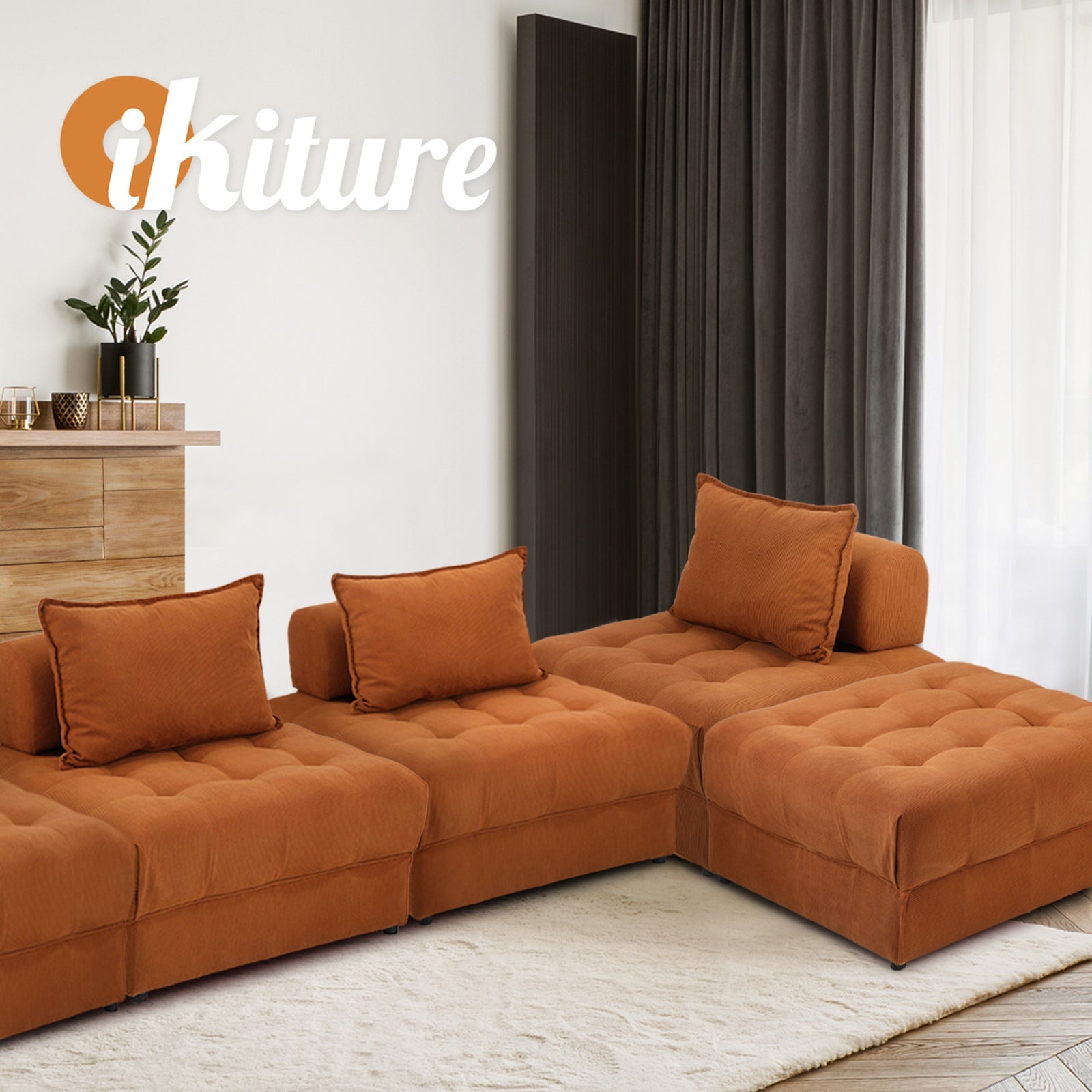 Oikiture 5 Seater Velvet Modular Sofa & Ottoman Set Armless TOFU Back Brown - Sunyee
