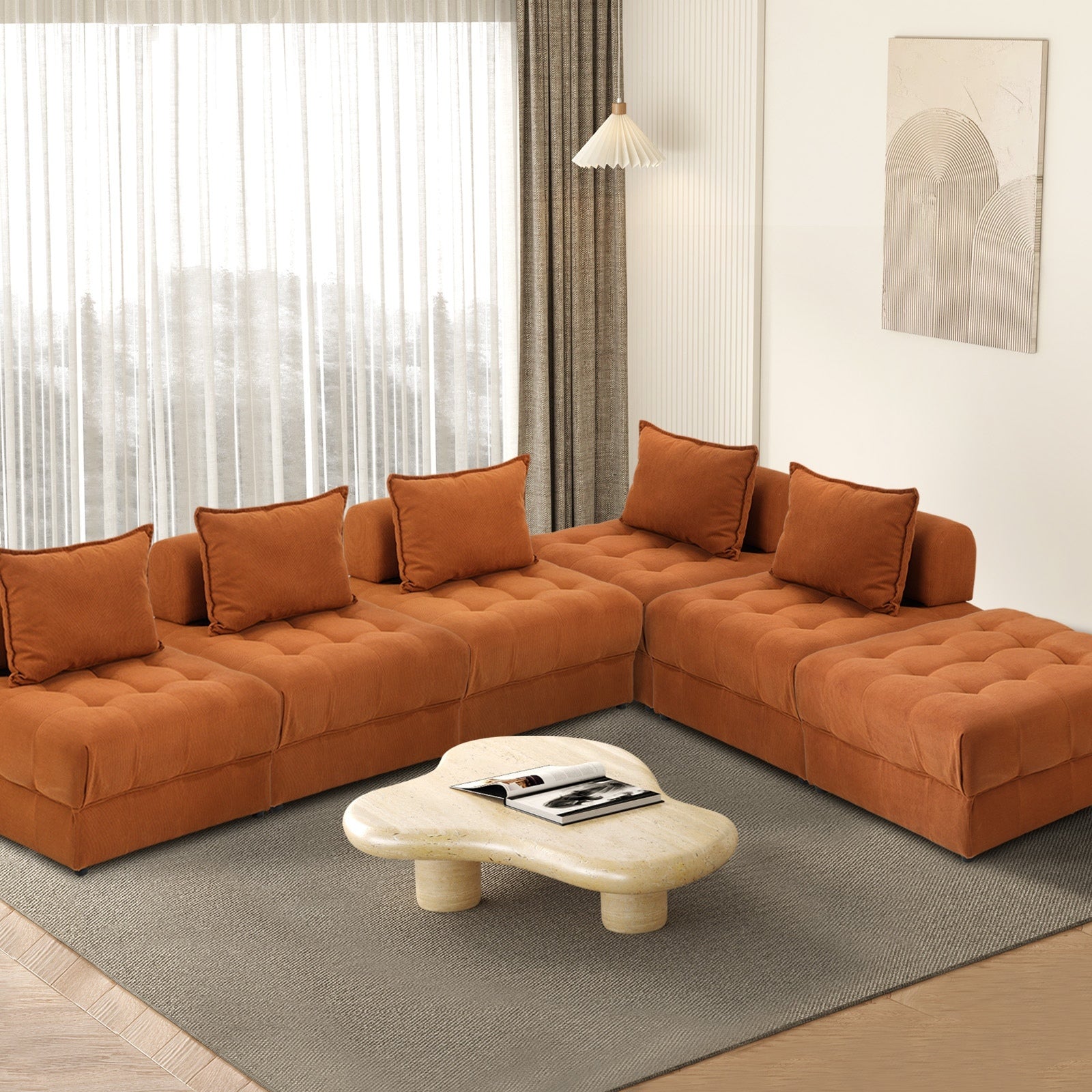 Oikiture 1-6 Seater Boucle/Velvet Modular Sofa & Ottoman Set Armless TOFU Back - Sunyee
