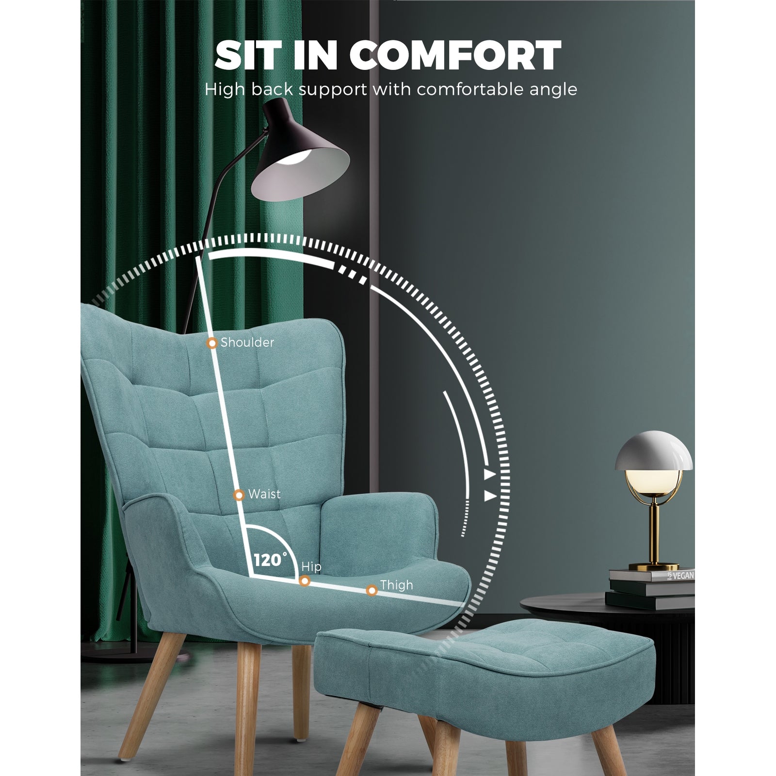 Oikiture Armchair Lounge Chair Ottoman Accent Armchairs Fabric Sofa Chairs Blue - Sunyee