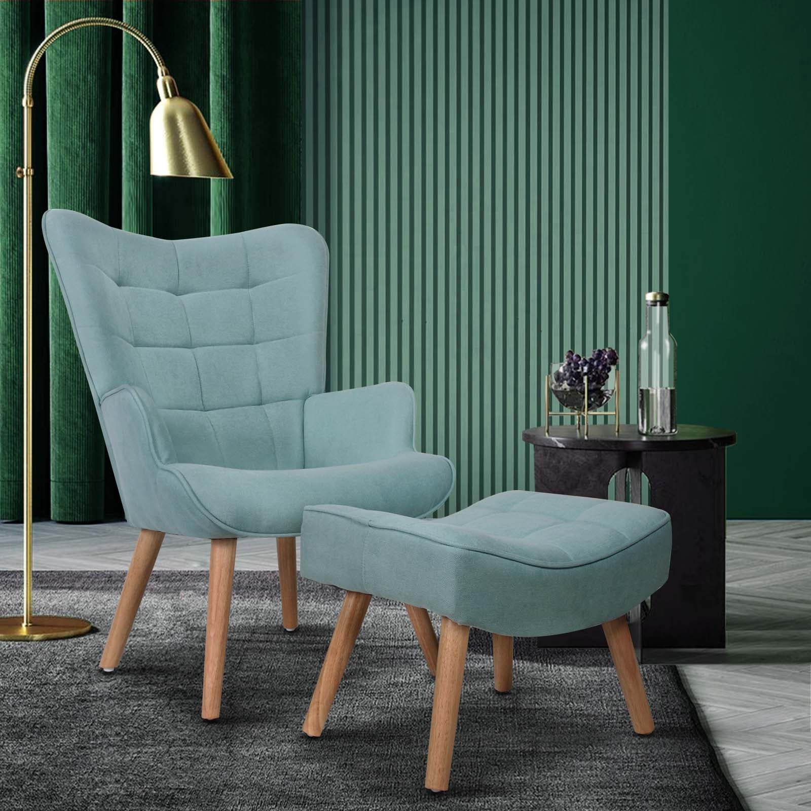 Oikiture Armchair Lounge Chair Ottoman Accent Armchairs Fabric Sofa Chairs Blue - Sunyee