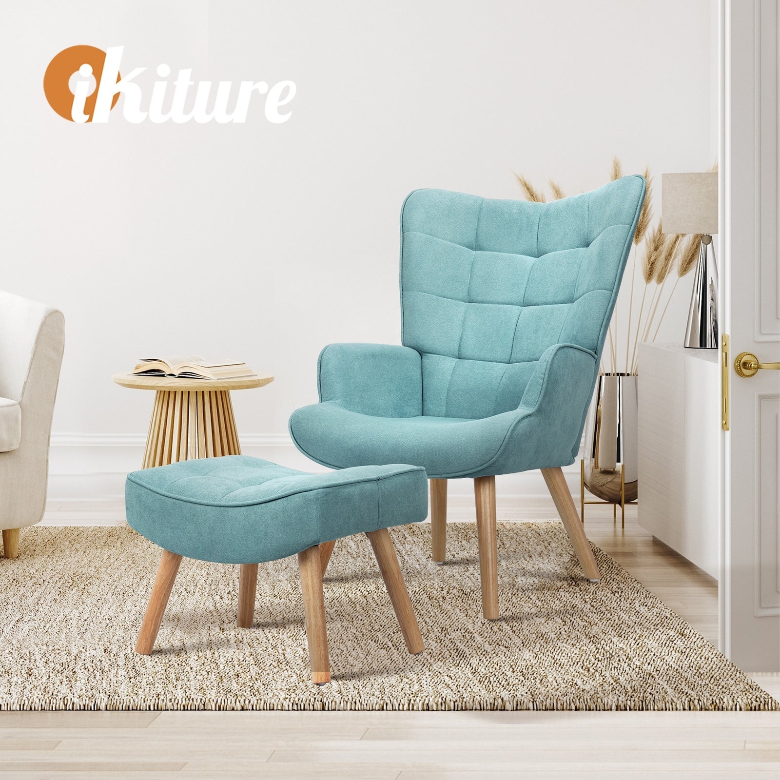 Oikiture 2x Armchair Lounge Chair Ottoman Accent Armchairs Fabric Sofa Blue - Sunyee