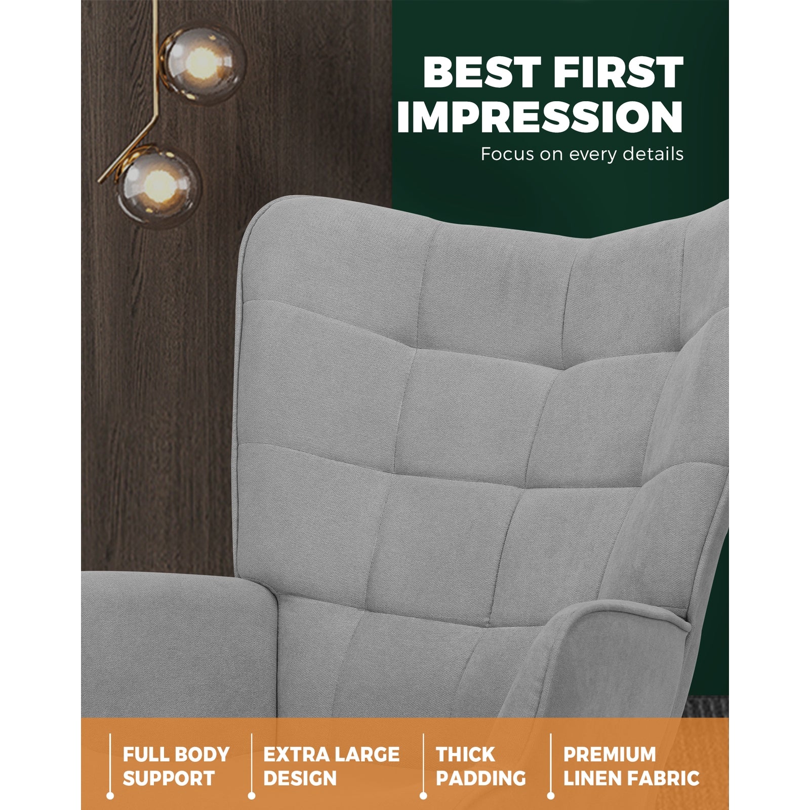 Oikiture Armchair Lounge Chair Ottoman Accent Armchairs Fabric Sofa Chairs Grey - Sunyee