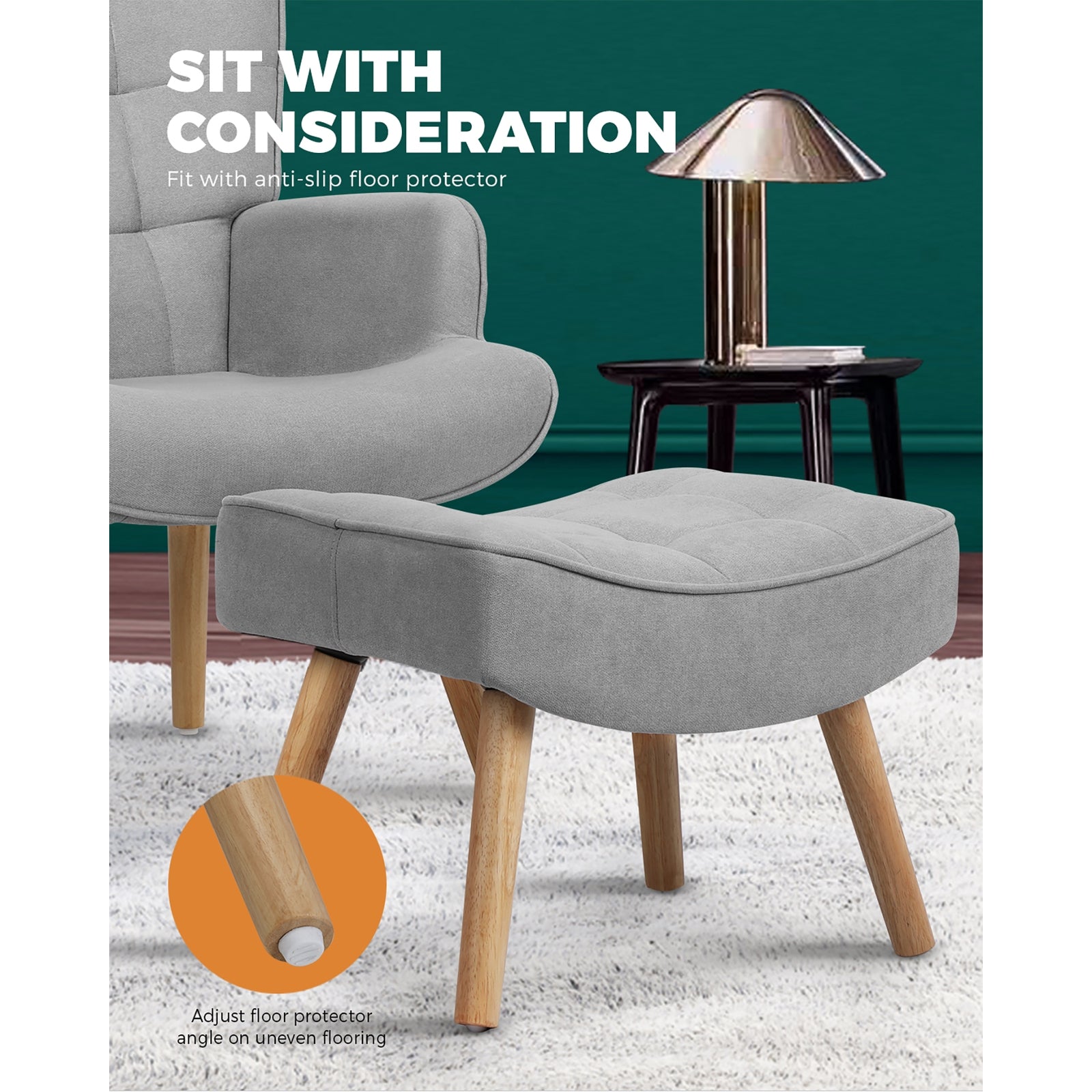 Oikiture Armchair Lounge Chair Ottoman Accent Armchairs Fabric Sofa Chairs Grey - Sunyee