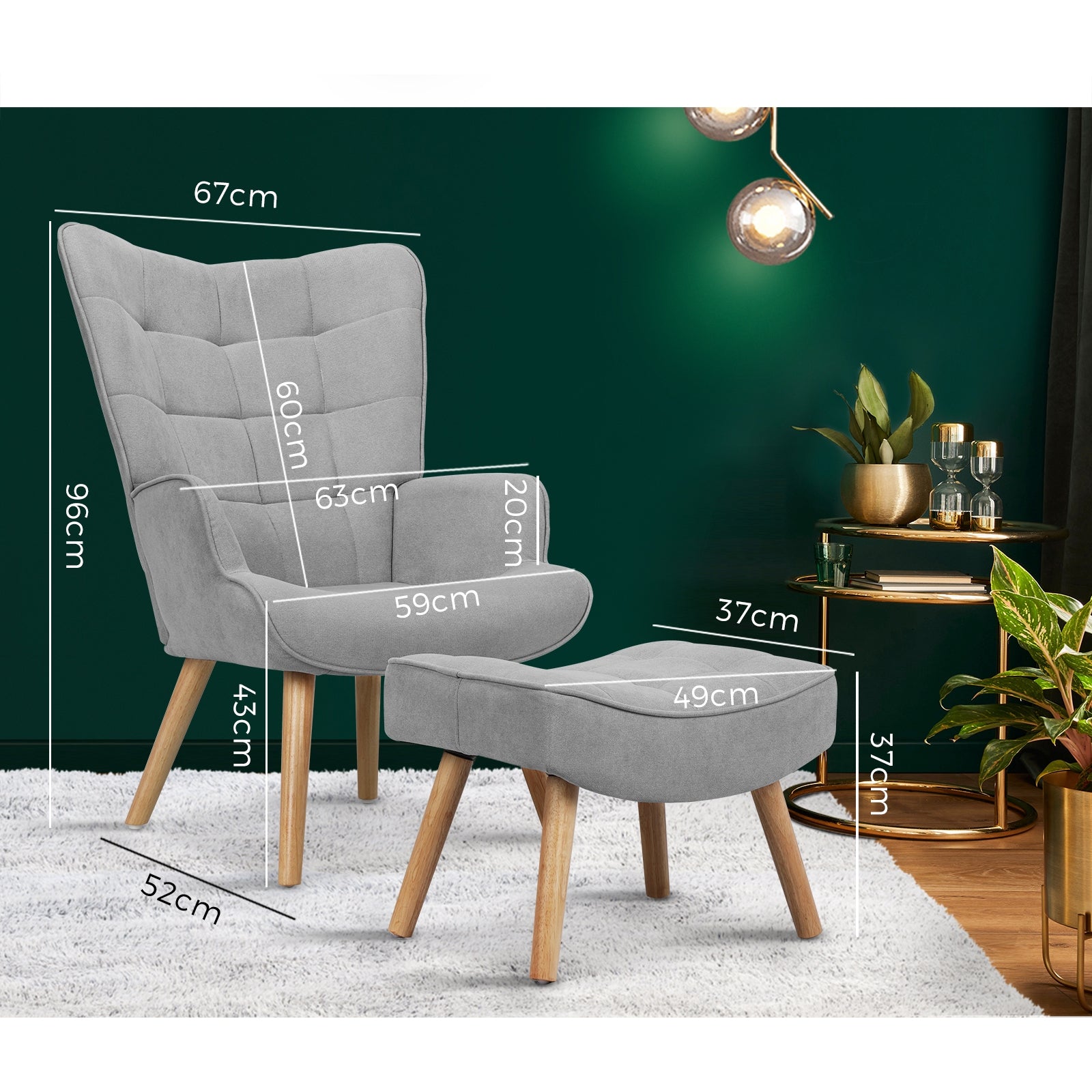 Oikiture Armchair Lounge Chair Ottoman Accent Armchairs Fabric Sofa Chairs Grey - Sunyee