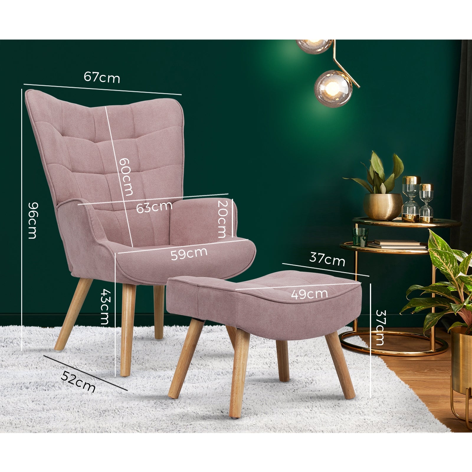 Oikiture Armchair Lounge Chair Ottoman Accent Armchairs Fabric Sofa Chairs Pink - Sunyee