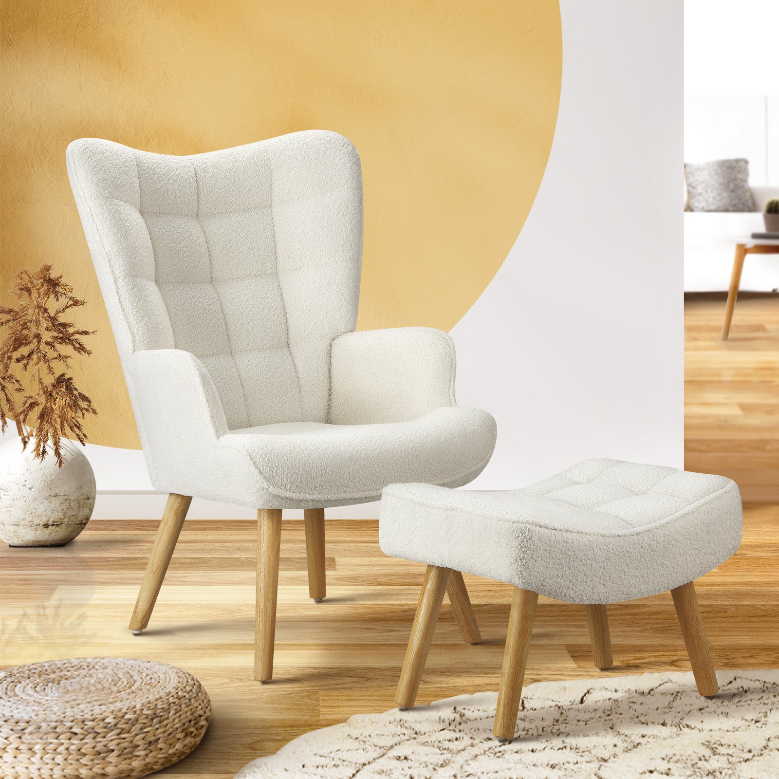 Oikiture Armchair Lounge Chair Ottoman Accent Armchairs Sherpa Sofa Chairs White - Sunyee