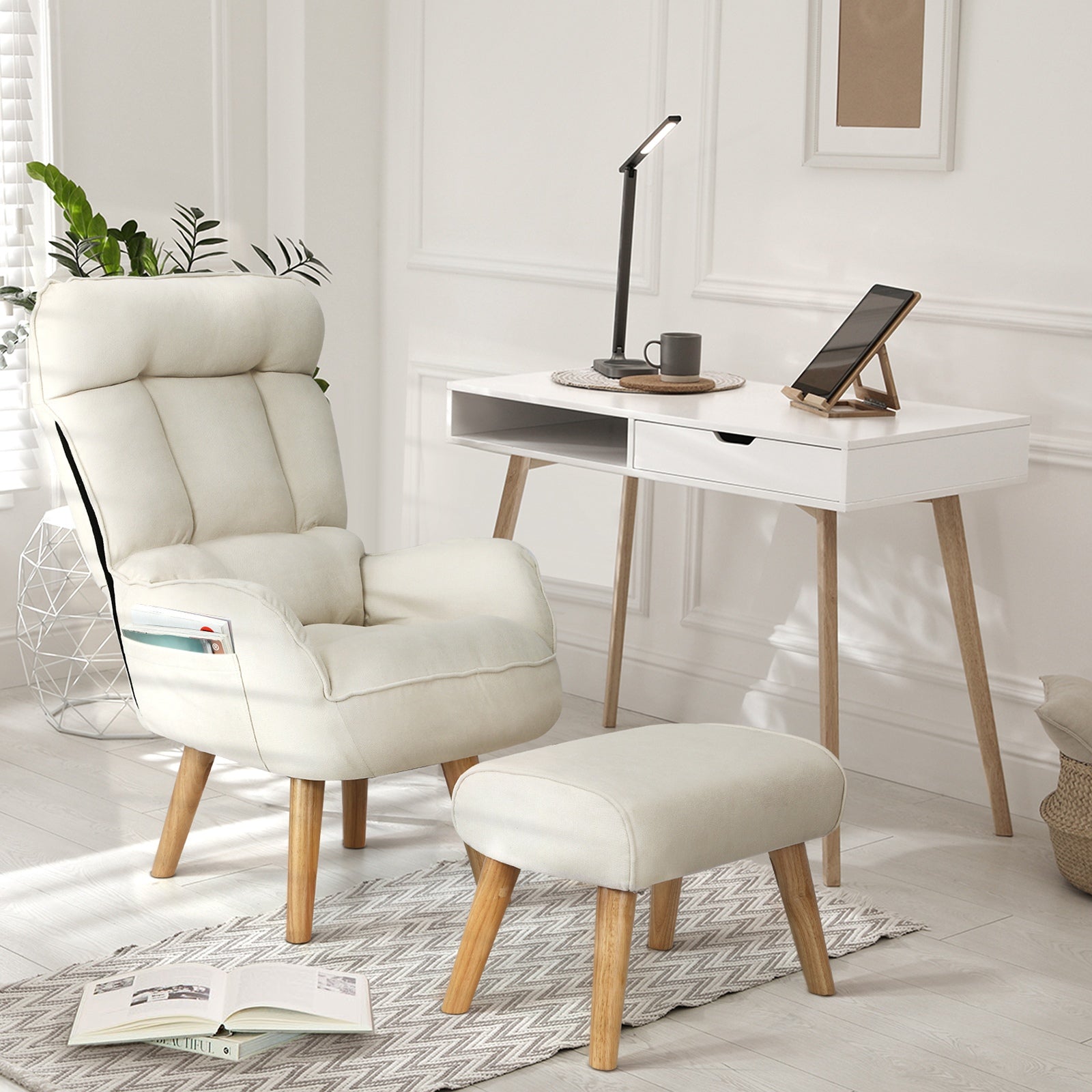 Oikiture 2x 360 Swivel Recliner Armchair Lounge Ottoman Chair With Stool Beige - Sunyee