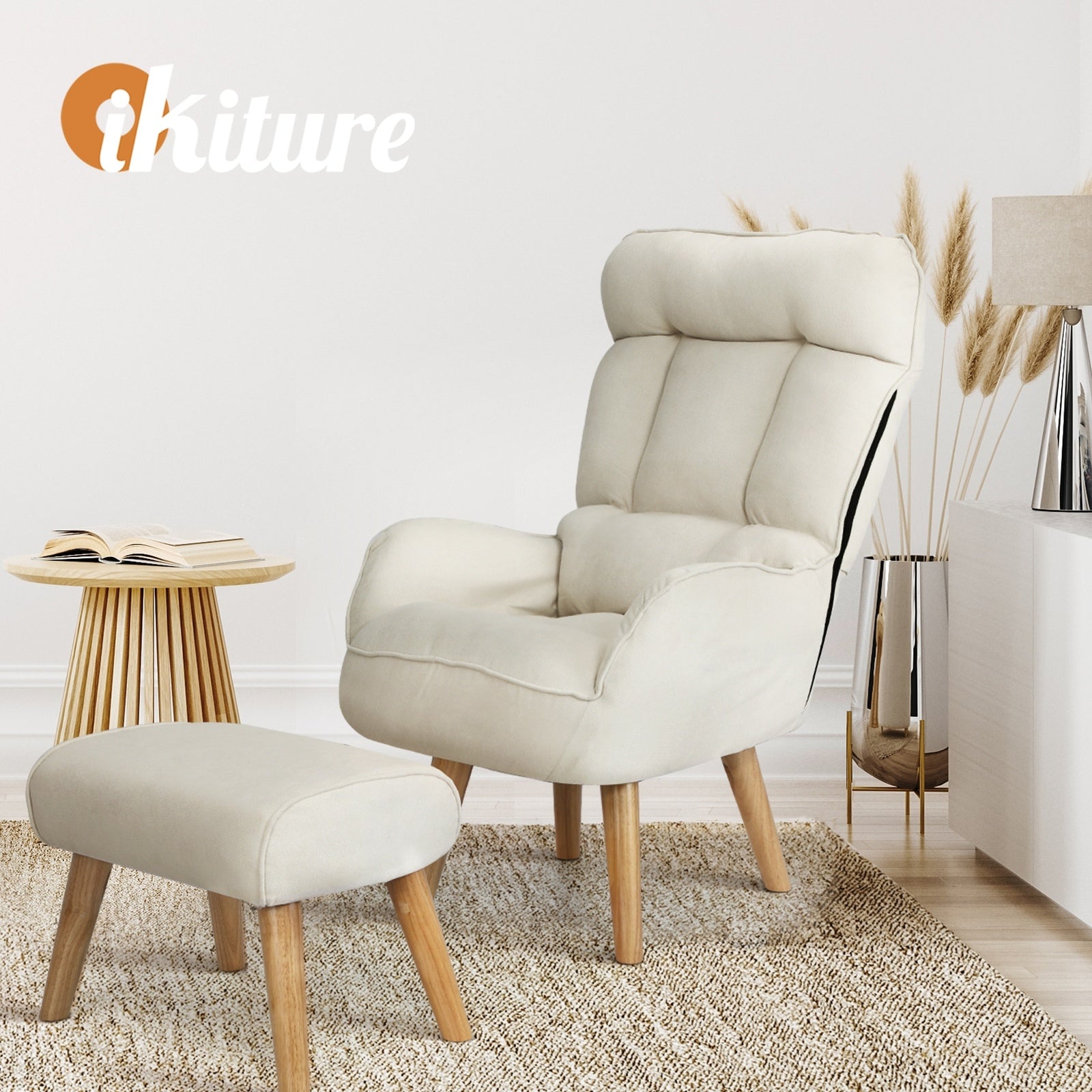 Oikiture 2x 360 Swivel Recliner Armchair Lounge Ottoman Chair With Stool Beige - Sunyee