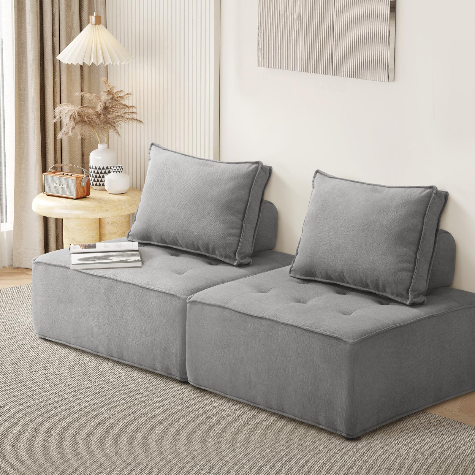 Oikiture 2PCS Modular Sofa Lounge Chair Armless Adjustable Back Linen Grey - Sunyee