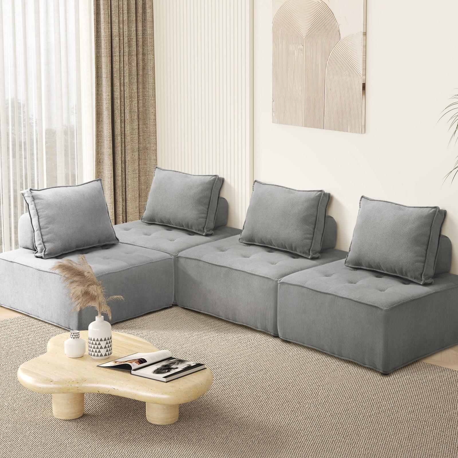 Oikiture 4PCS Modular Sofa Lounge Chair Armless Adjustable Back Linen Grey - Sunyee