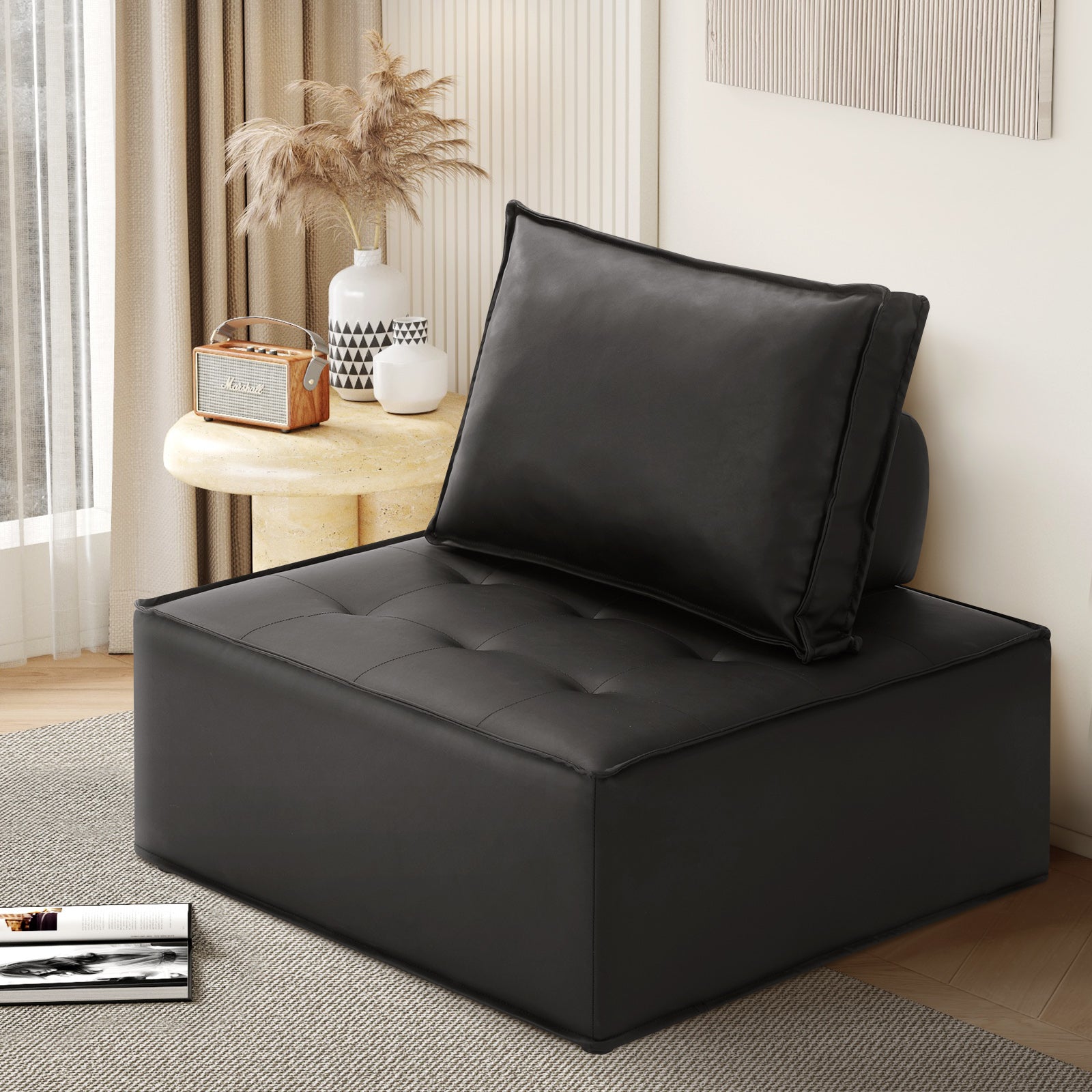 Oikiture 1PC Modular Sofa Lounge Chair Armless TOFU Back PU Leather Black - Sunyee
