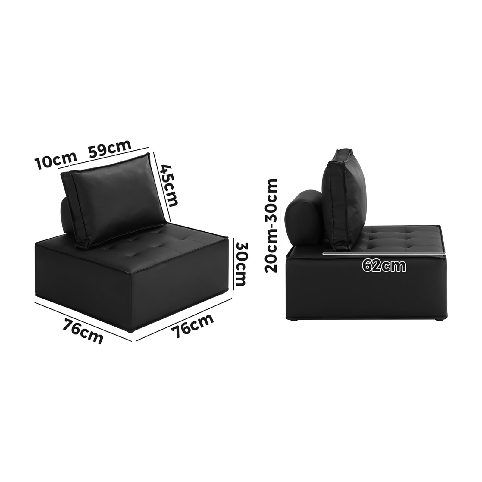 Oikiture 3PC Modular Sofa Lounge Chair Armless TOFU Back PU Leather Black