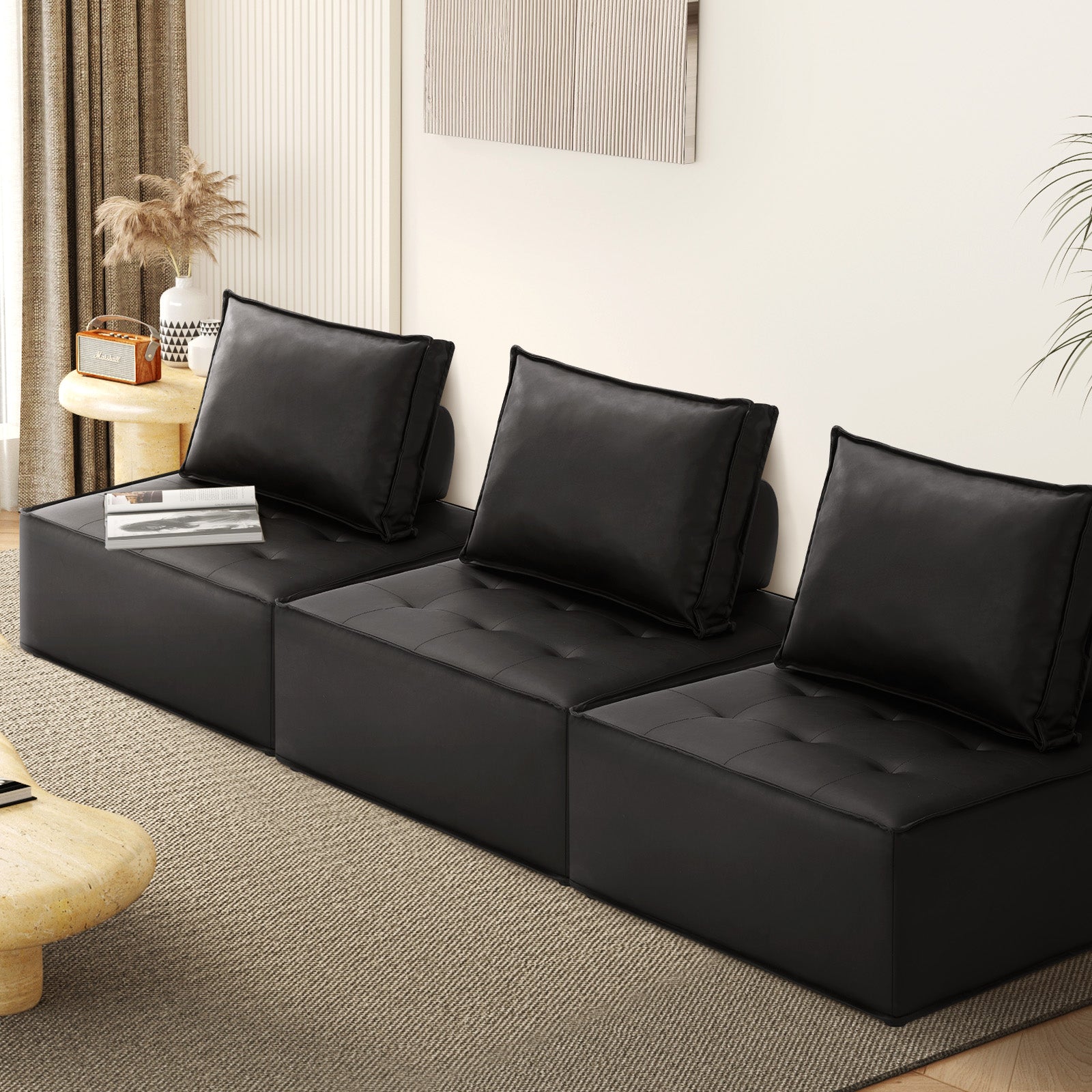 Oikiture 3PC Modular Sofa Lounge Chair Armless TOFU Back PU Leather Black - Sunyee