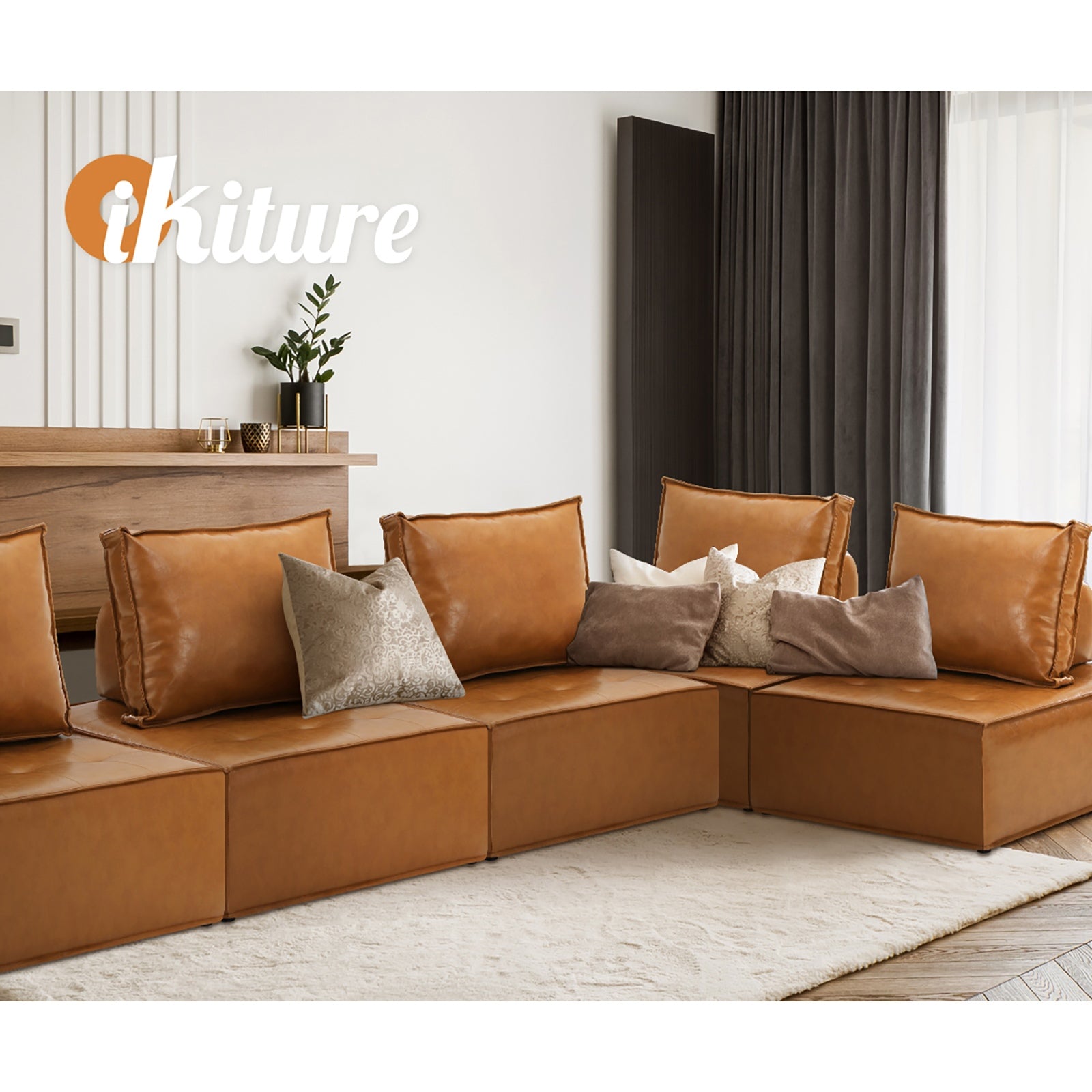 Oikiture 2PC Modular Sofa Lounge Chair Armless TOFU Back PU Leather Brown - Sunyee