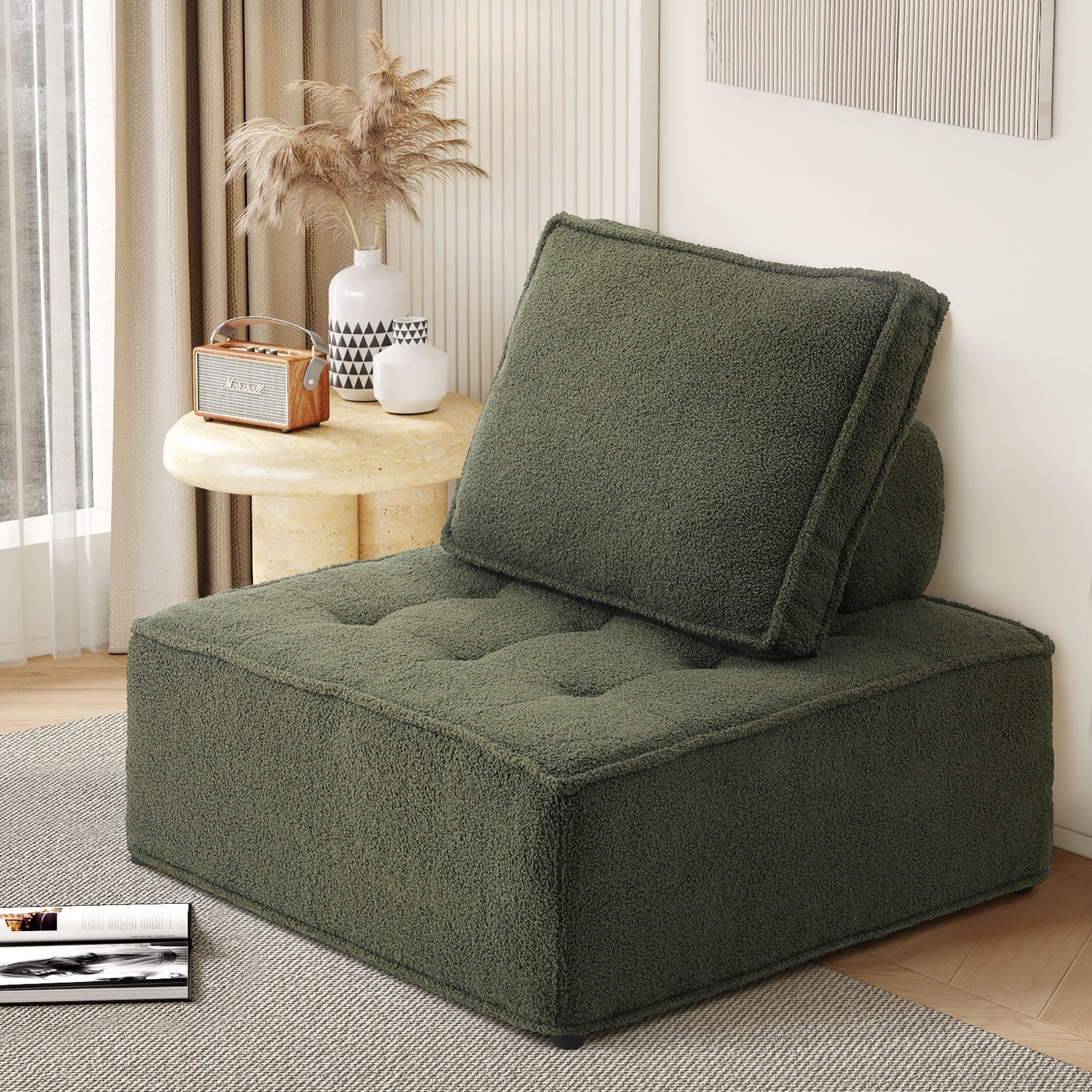 Oikiture 1PC Modular Sofa Lounge Chair Armless TOFU Back Sherpa Green - Sunyee