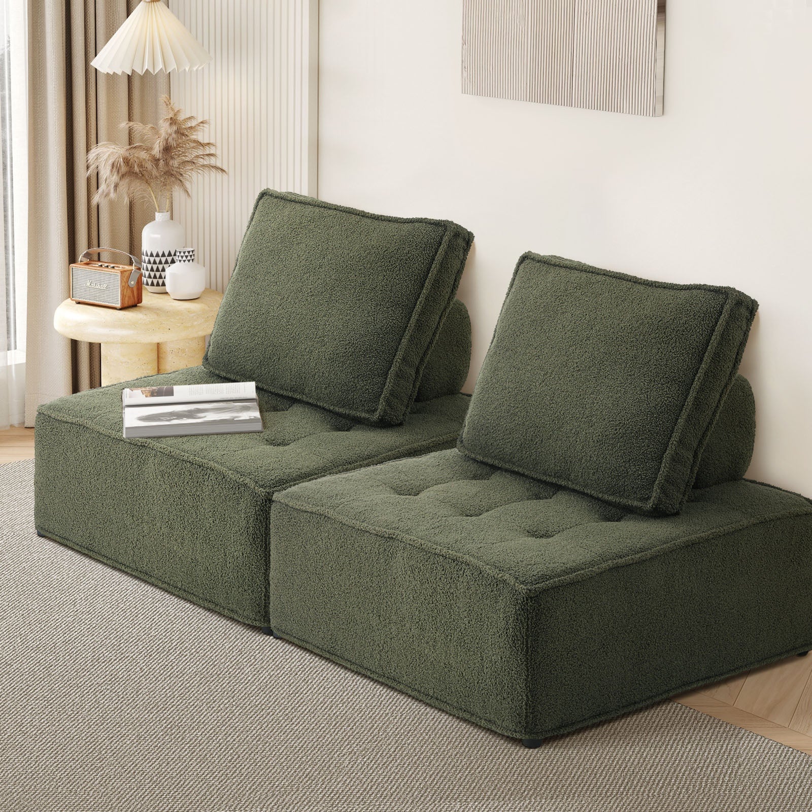 Oikiture 2PCS Modular Sofa Lounge Chair Armless TOFU Back Sherpa Green - Sunyee