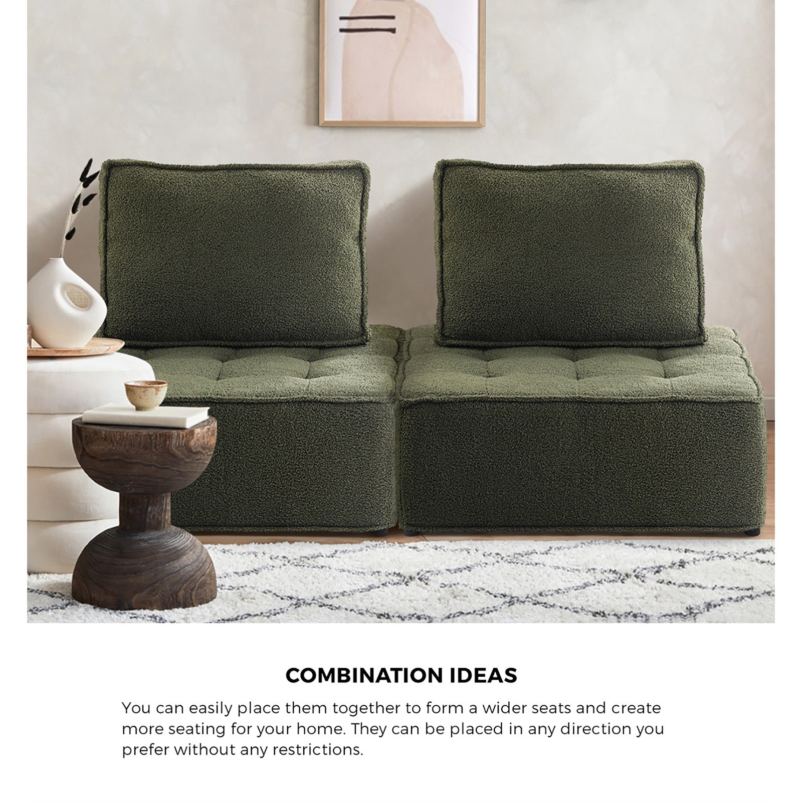 Oikiture 2PCS Modular Sofa Lounge Chair Armless TOFU Back Sherpa Green - Sunyee