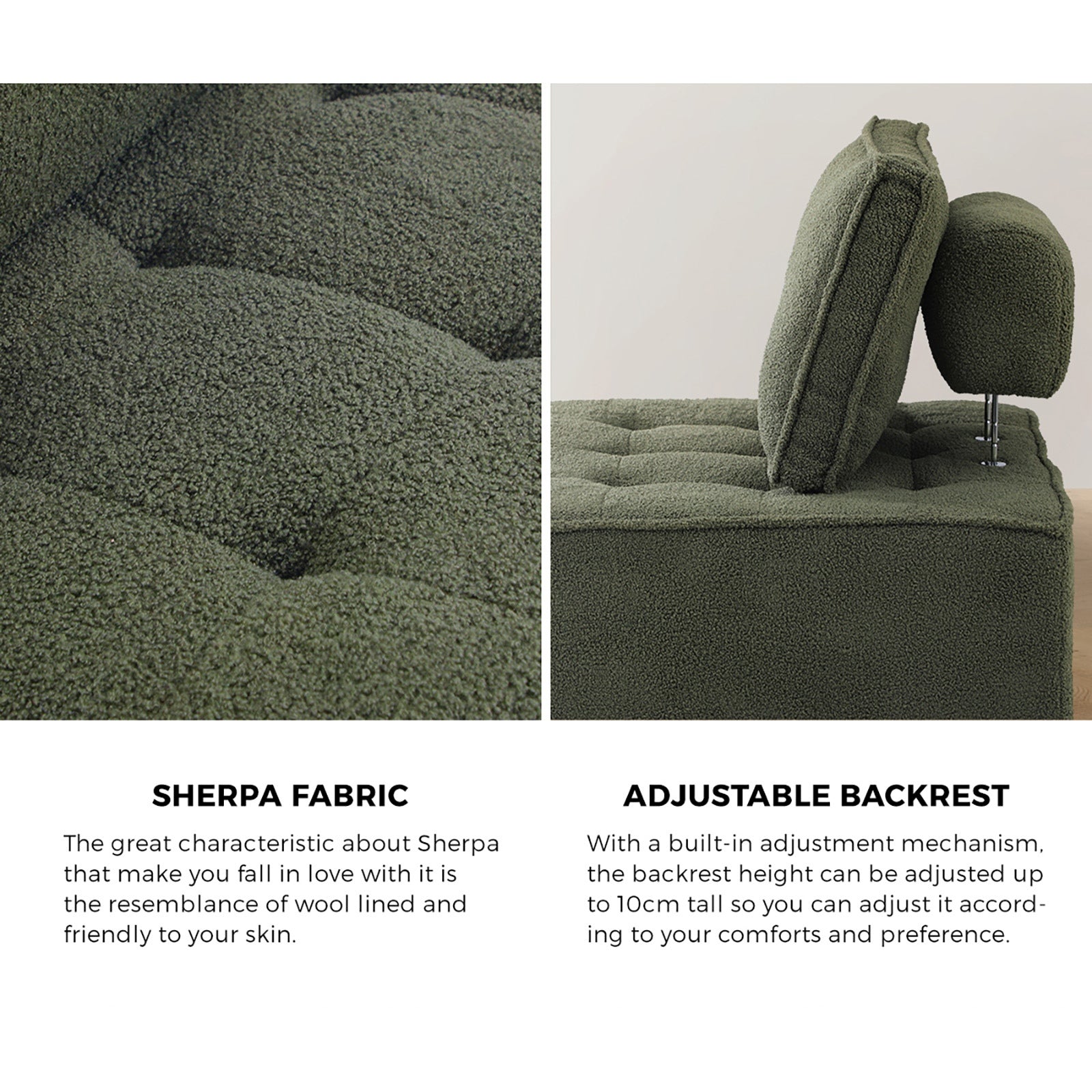 Oikiture 2PCS Modular Sofa Lounge Chair Armless TOFU Back Sherpa Green - Sunyee