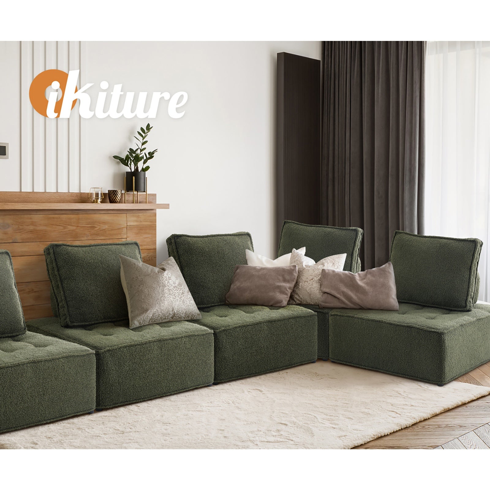 Oikiture 2PCS Modular Sofa Lounge Chair Armless TOFU Back Sherpa Green - Sunyee