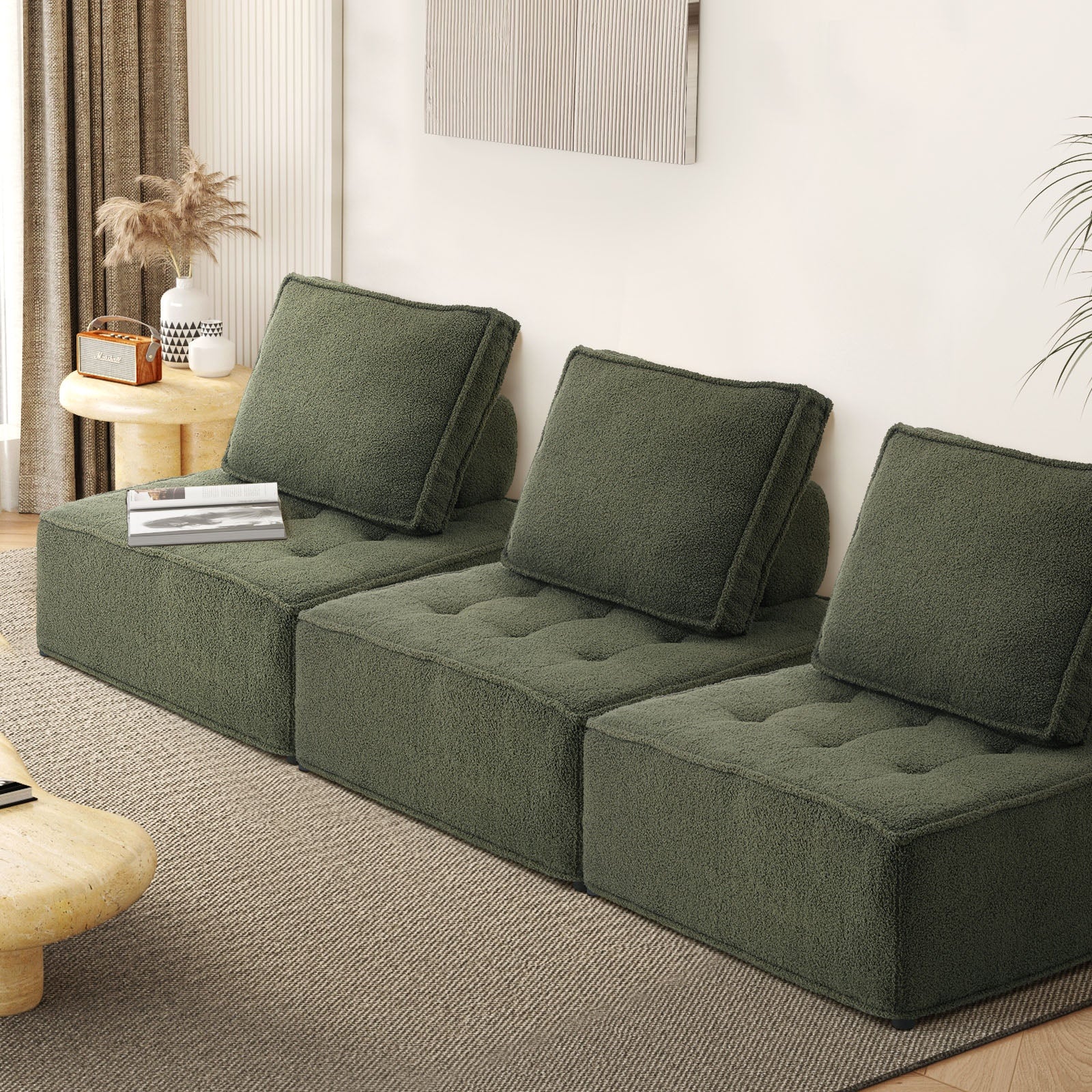 Oikiture 3PCS Modular Sofa Lounge Chair Armless TOFU Back Sherpa Green - Sunyee