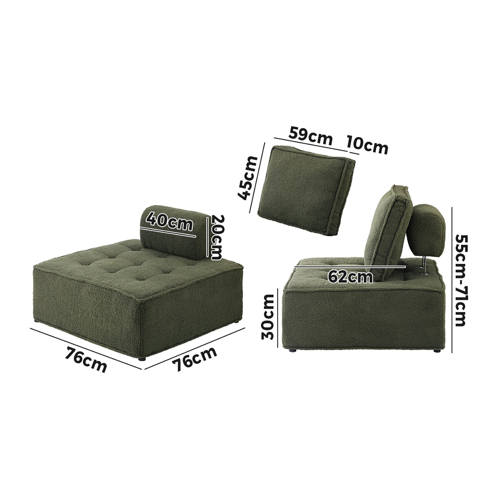 Oikiture 3PCS Modular Sofa Lounge Chair Armless TOFU Back Sherpa Green - Sunyee