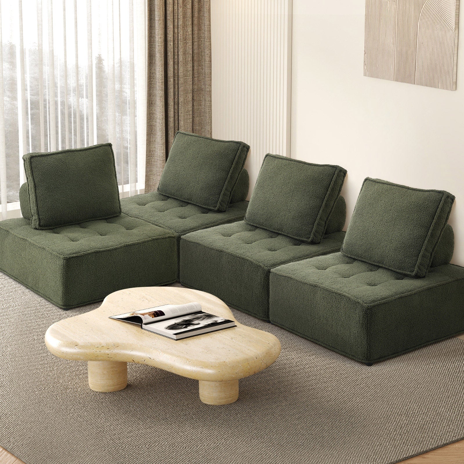 Oikiture 4PCS Modular Sofa Lounge Chair Armless TOFU Back Sherpa Green - Sunyee
