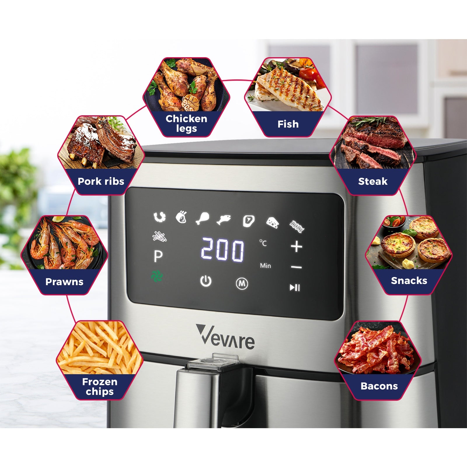 Vevare Air Fryer 5.5L LCD Airfryers Electric Oven Oil Free Kitchen Cooker Silver - Sunyee
