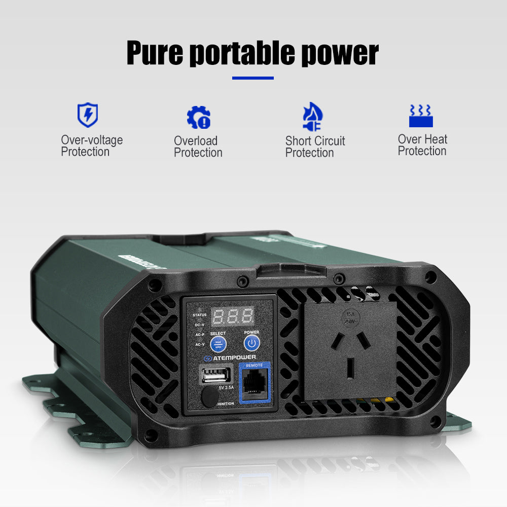 Atem Power 1000W/1500W/2000W/2500W Pure Sine Wave Inverter 12V to 240V Remote - Sunyee