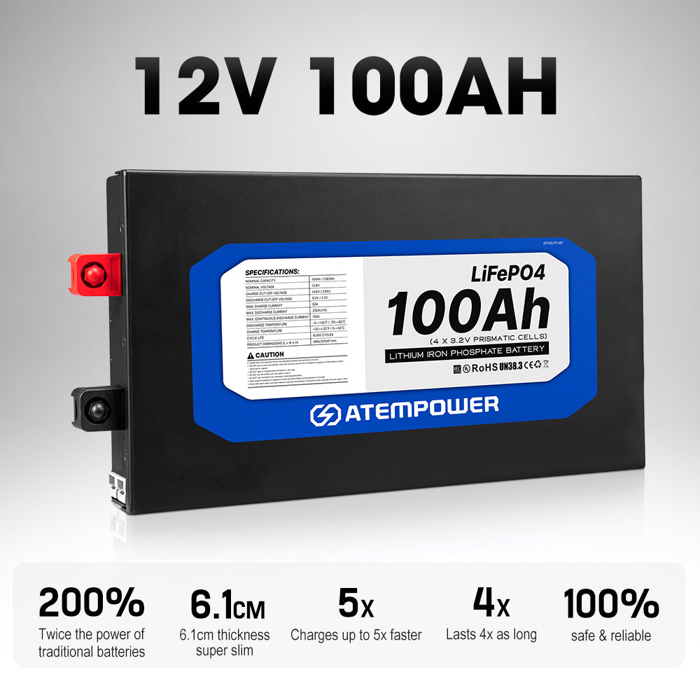 Atem Power 12V 100Ah Slimline Lithium Battery LiFePO4 Deep Cycle Battery - Sunyee
