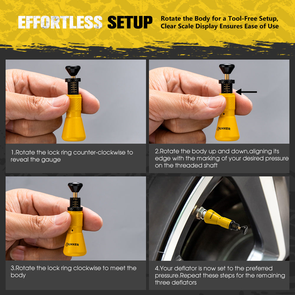 Bunker Indust Tyre Deflators x4 Air Deflator 10~30 PSI Valve Core Tool With LED - Sunyee