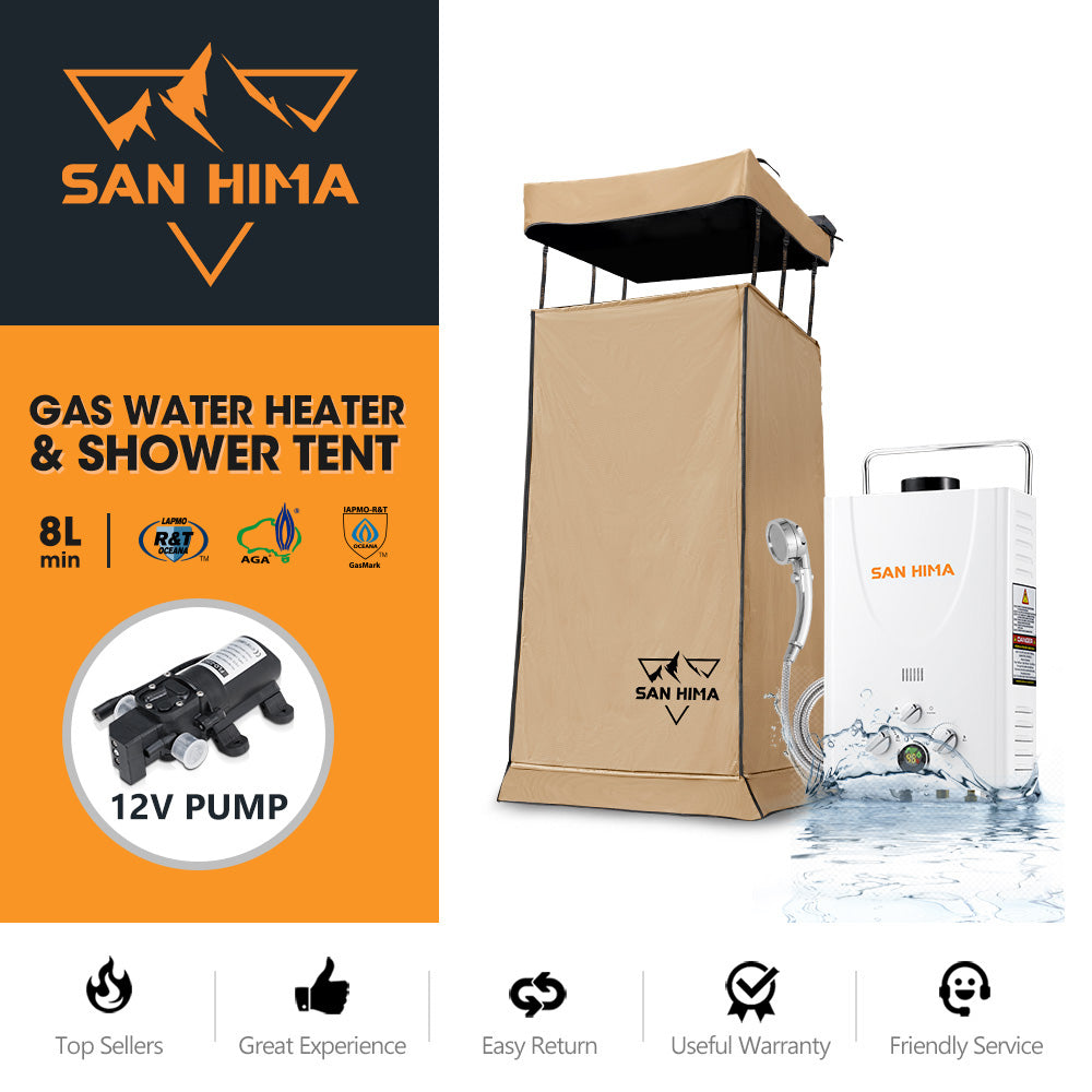 San Hima Camping Shower Tent Awning Fold-Out Instant Ensuite + 8L Gas Hot Water Heater - Sunyee