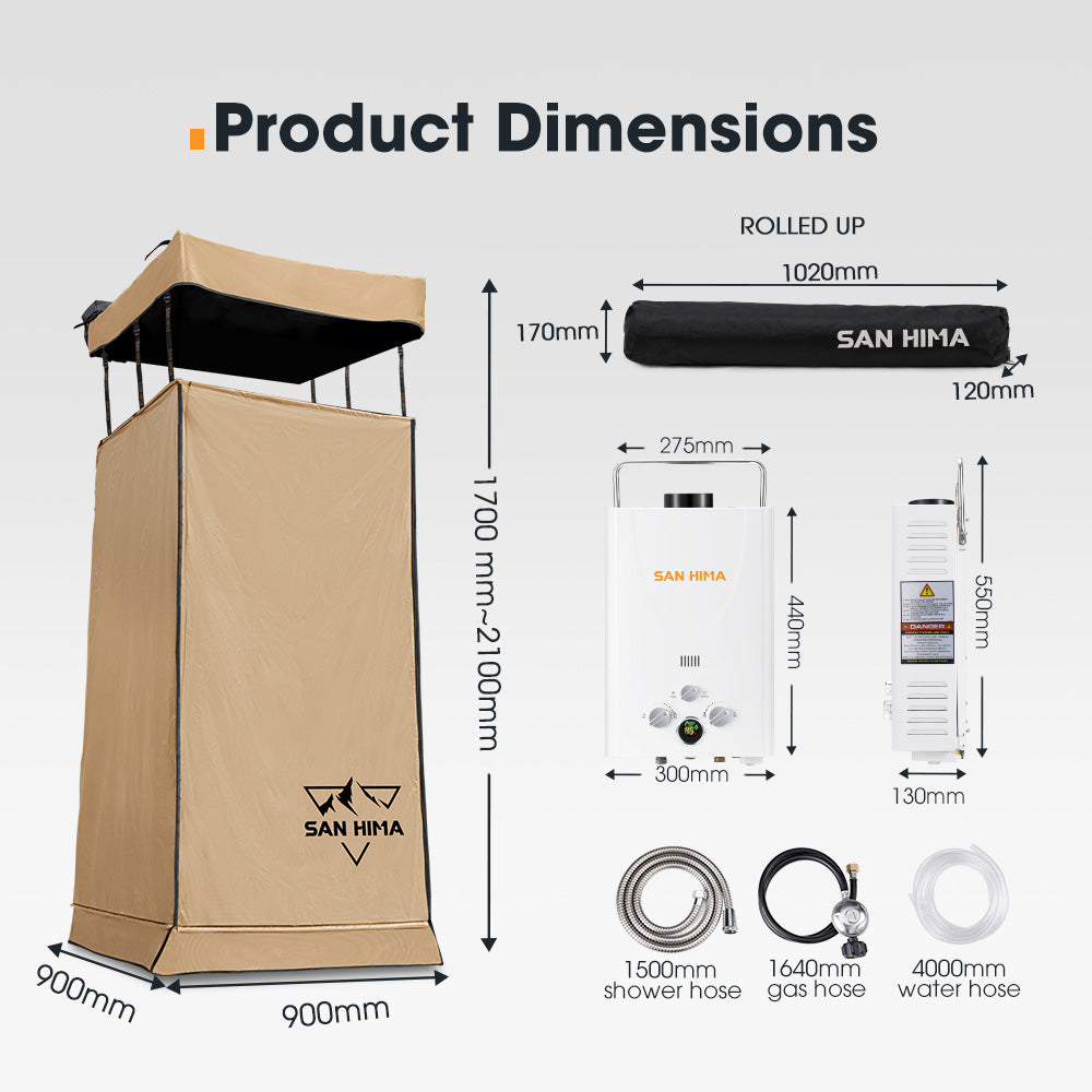San Hima Camping Shower Tent Awning Fold-Out Instant Ensuite + 8L Gas Hot Water Heater - Sunyee