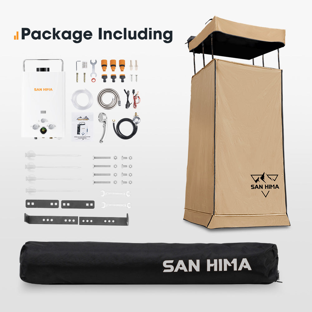 San Hima Camping Shower Tent Awning Fold-Out Instant Ensuite + 8L Gas Hot Water Heater - Sunyee