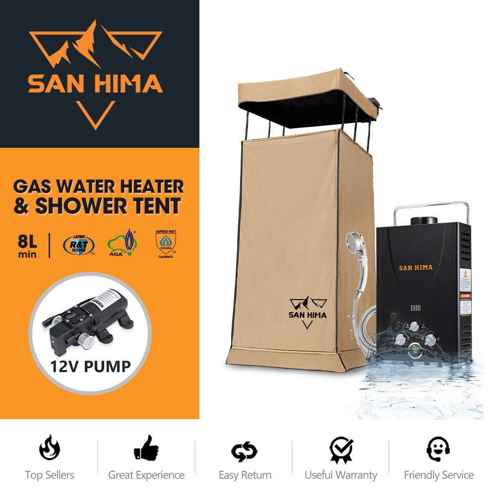 San Hima Camping Shower Tent Awning Fold-Out Instant With 8L Gas Hot Water Heater - Sunyee