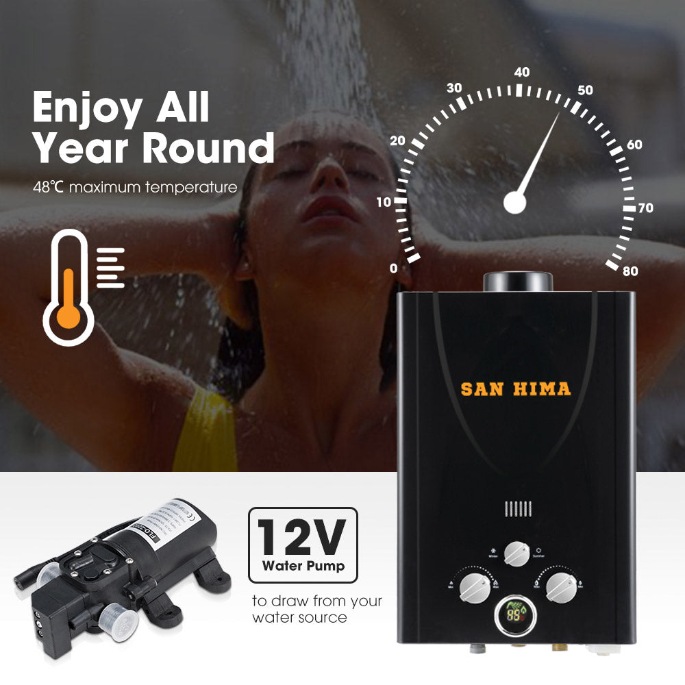 San Hima Camping Shower Tent Awning Fold-Out Instant With 8L Gas Hot Water Heater - Sunyee