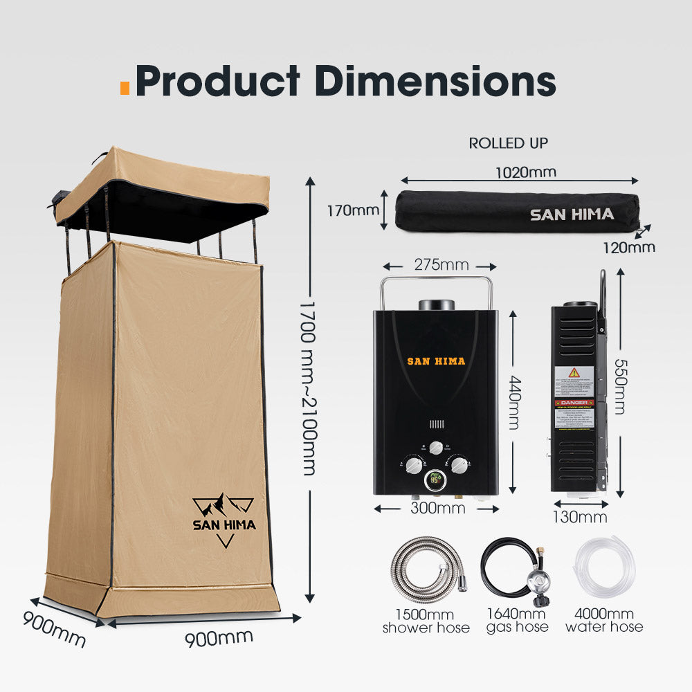 San Hima Camping Shower Tent Awning Fold-Out Instant With 8L Gas Hot Water Heater - Sunyee
