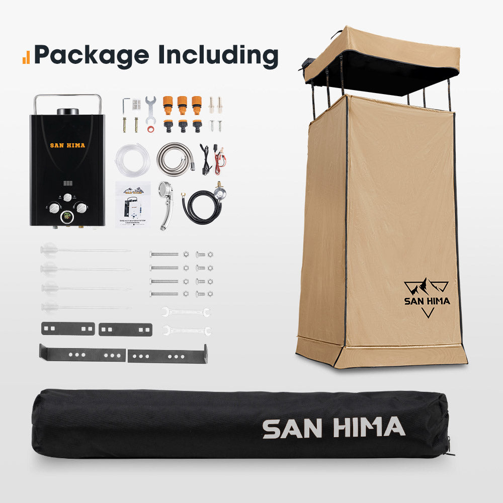 San Hima Camping Shower Tent Awning Fold-Out Instant With 8L Gas Hot Water Heater - Sunyee