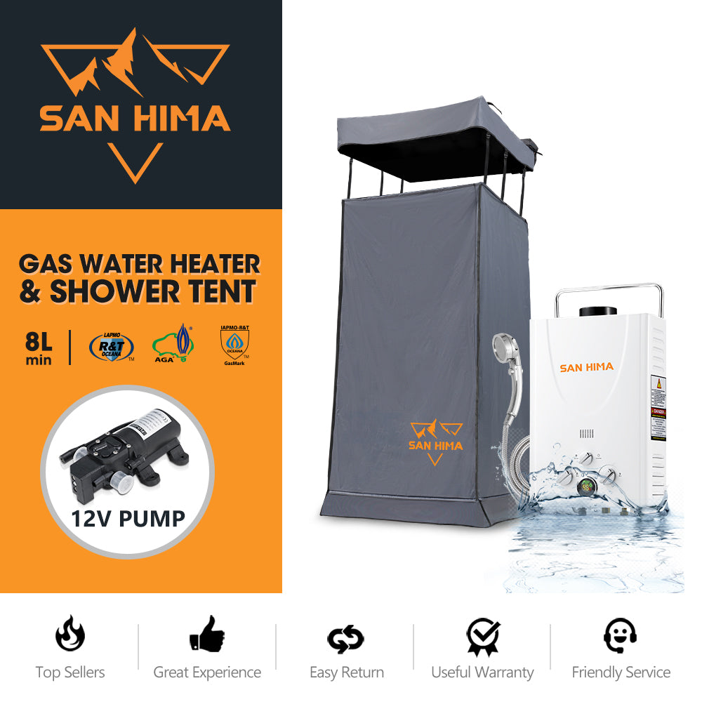 San Hima Camping Shower Tent Awning Fold-Out & 8L Portable Gas Hot Water Heater - Sunyee