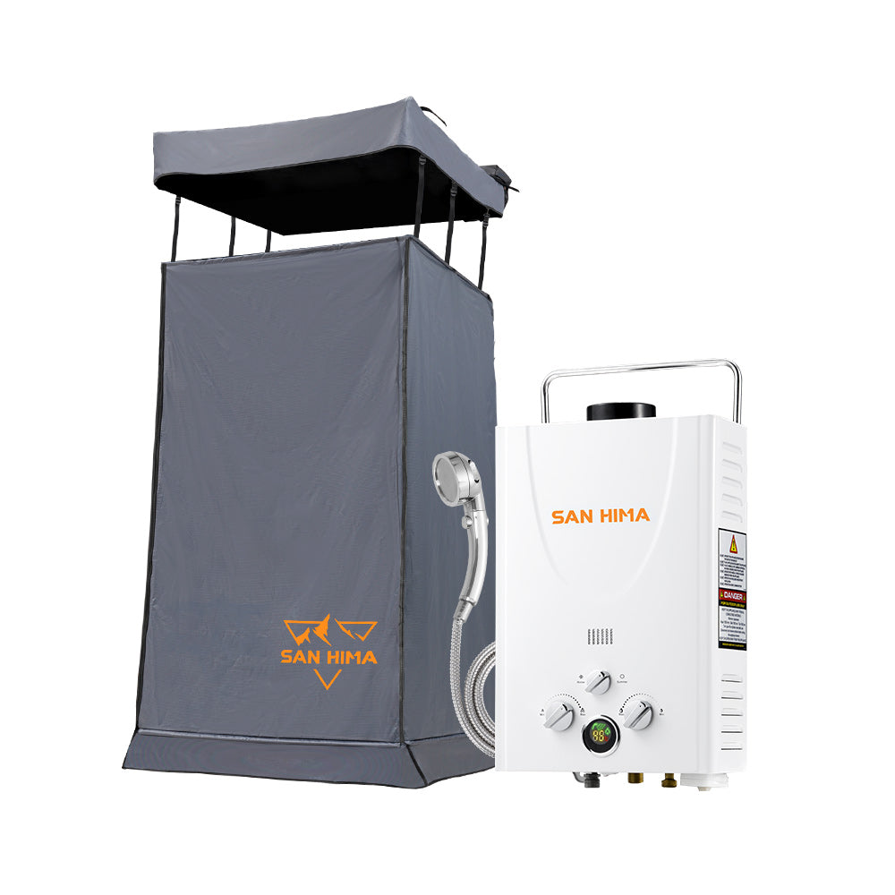 San Hima Camping Shower Tent Awning Fold-Out & 8L Portable Gas Hot Water Heater - Sunyee
