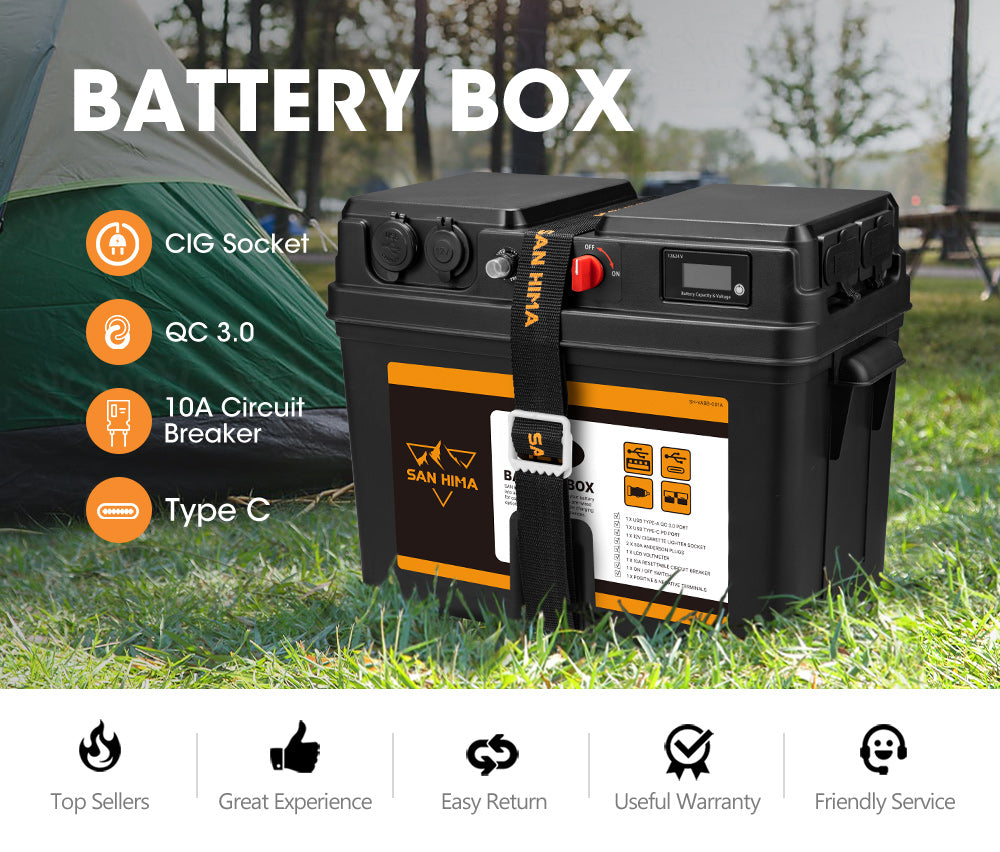 San Hima Battery Box Portable 12V 2x USB & Cig Socket Deep Cycle AGM Universal - Sunyee