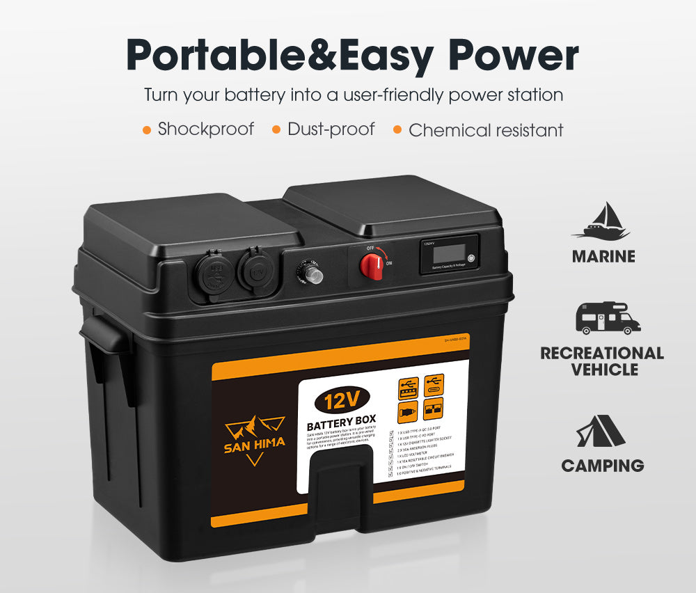 San Hima Battery Box Portable 12V 2x USB & Cig Socket Deep Cycle AGM Universal - Sunyee